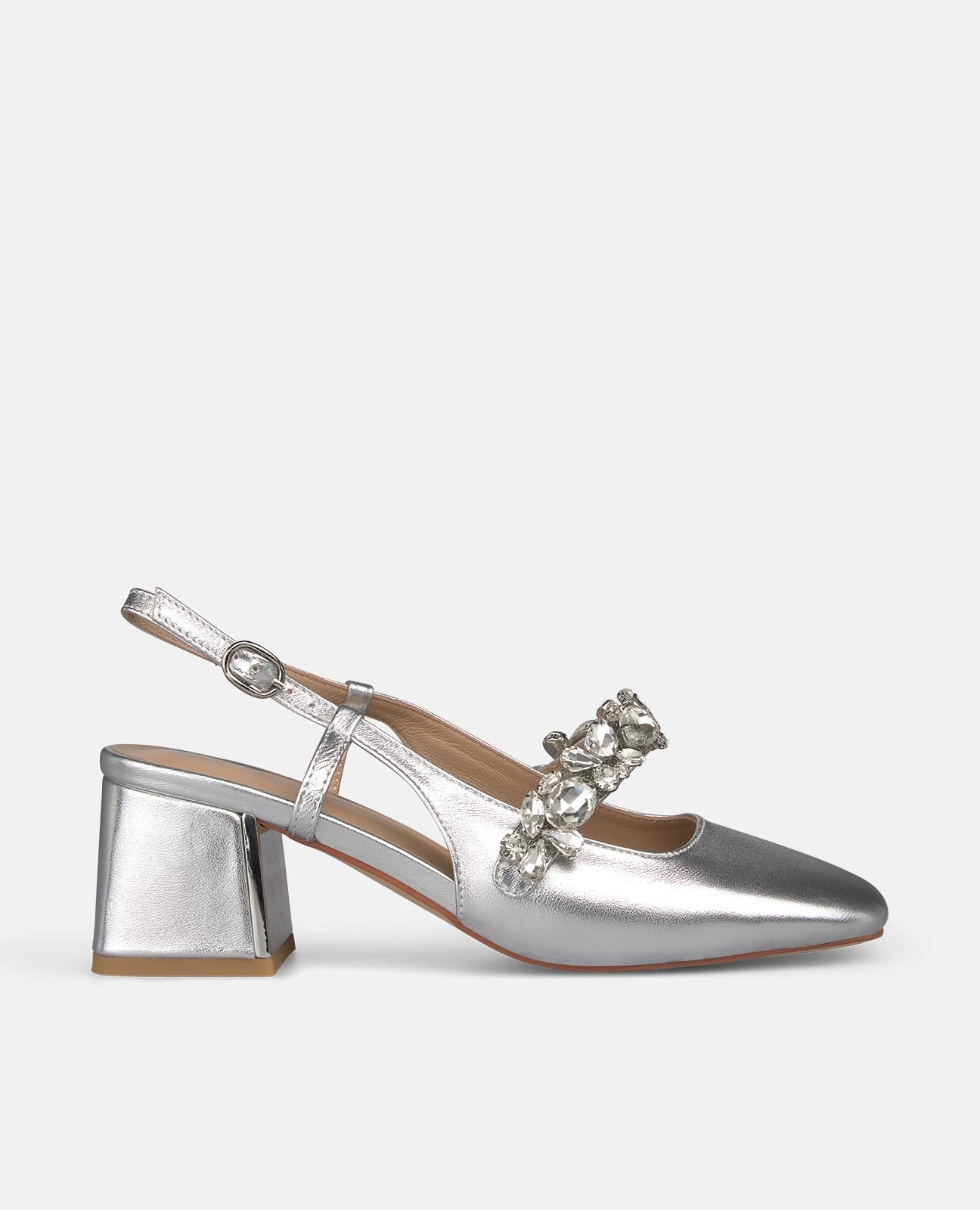 Imagem 0 de Sapatos de Salto com o Calcanhar Aberto em Pele com Tira Frontal em Detalhe Joia