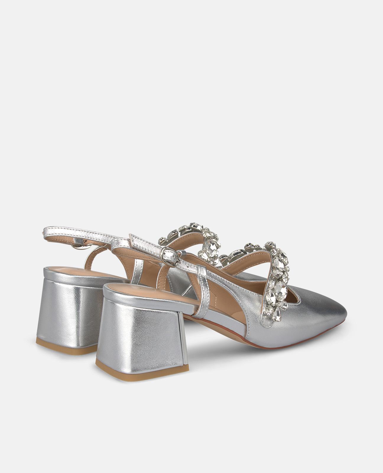 Sapatos de Salto com o Calcanhar Aberto em Pele com Tira Frontal em Detalhe Joia Prateado-3