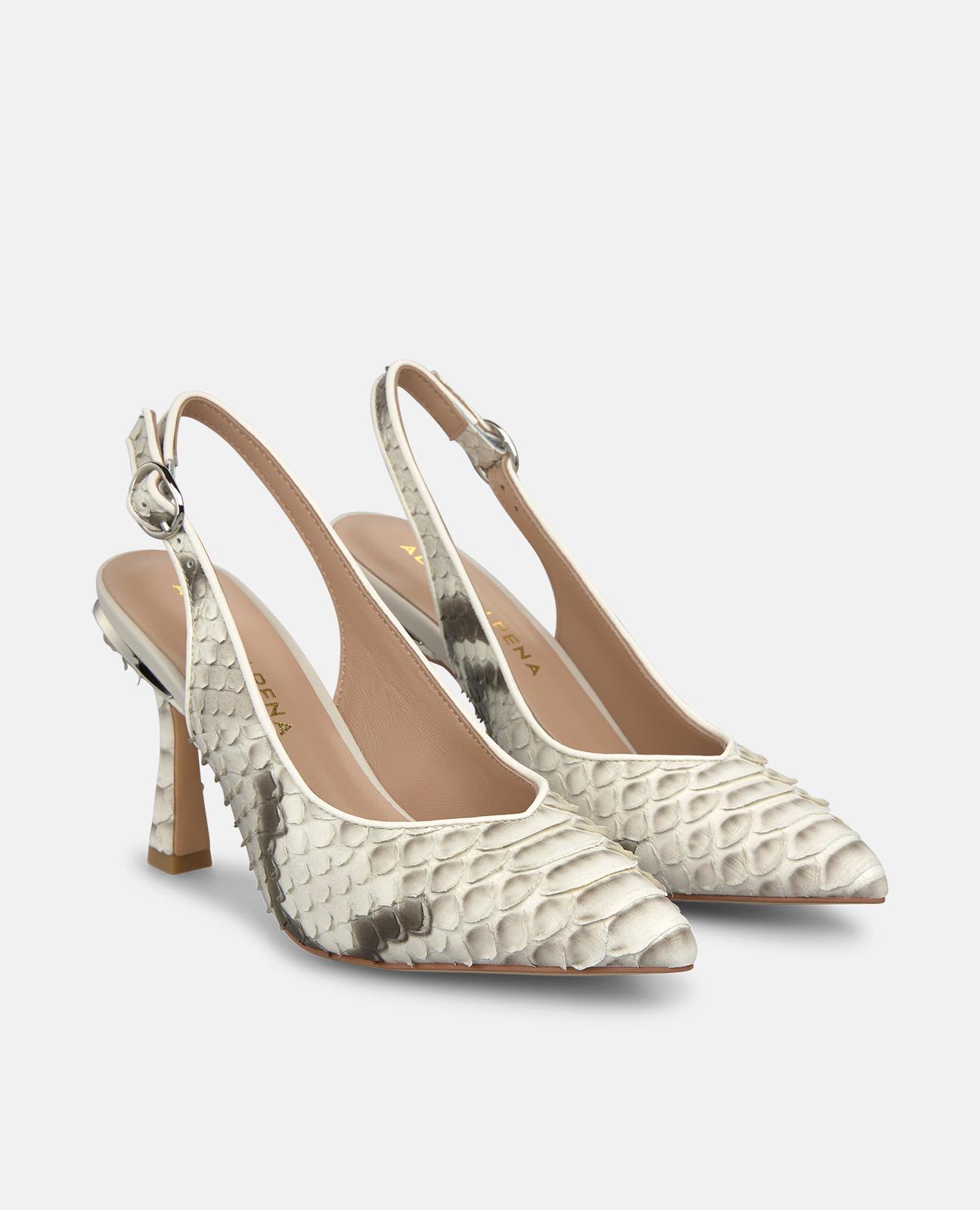 Sapatos de Salto com o Calcanhar Aberto em Pele Efeito Serpente e Fecho de Fivela Branco / Preto-2