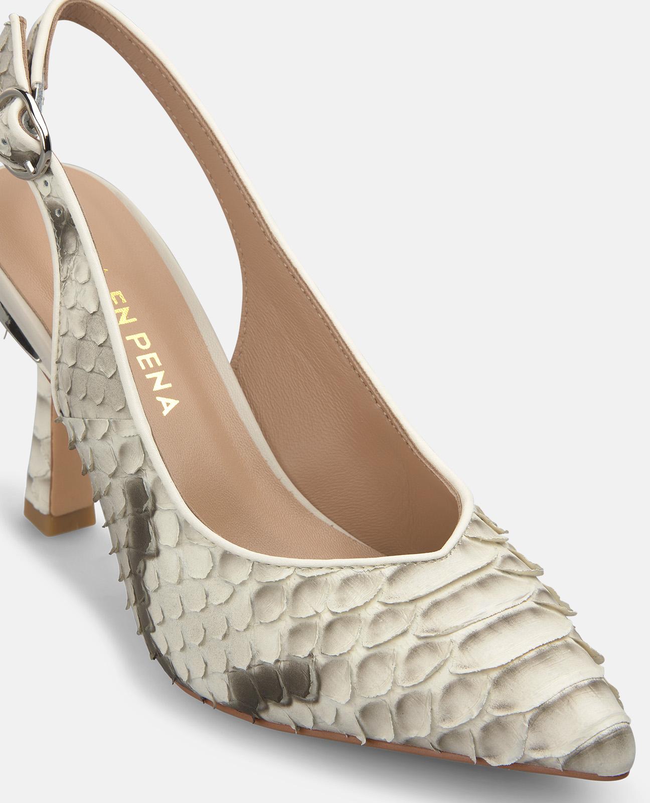 Sapatos de Salto com o Calcanhar Aberto em Pele Efeito Serpente e Fecho de Fivela Branco / Preto-4