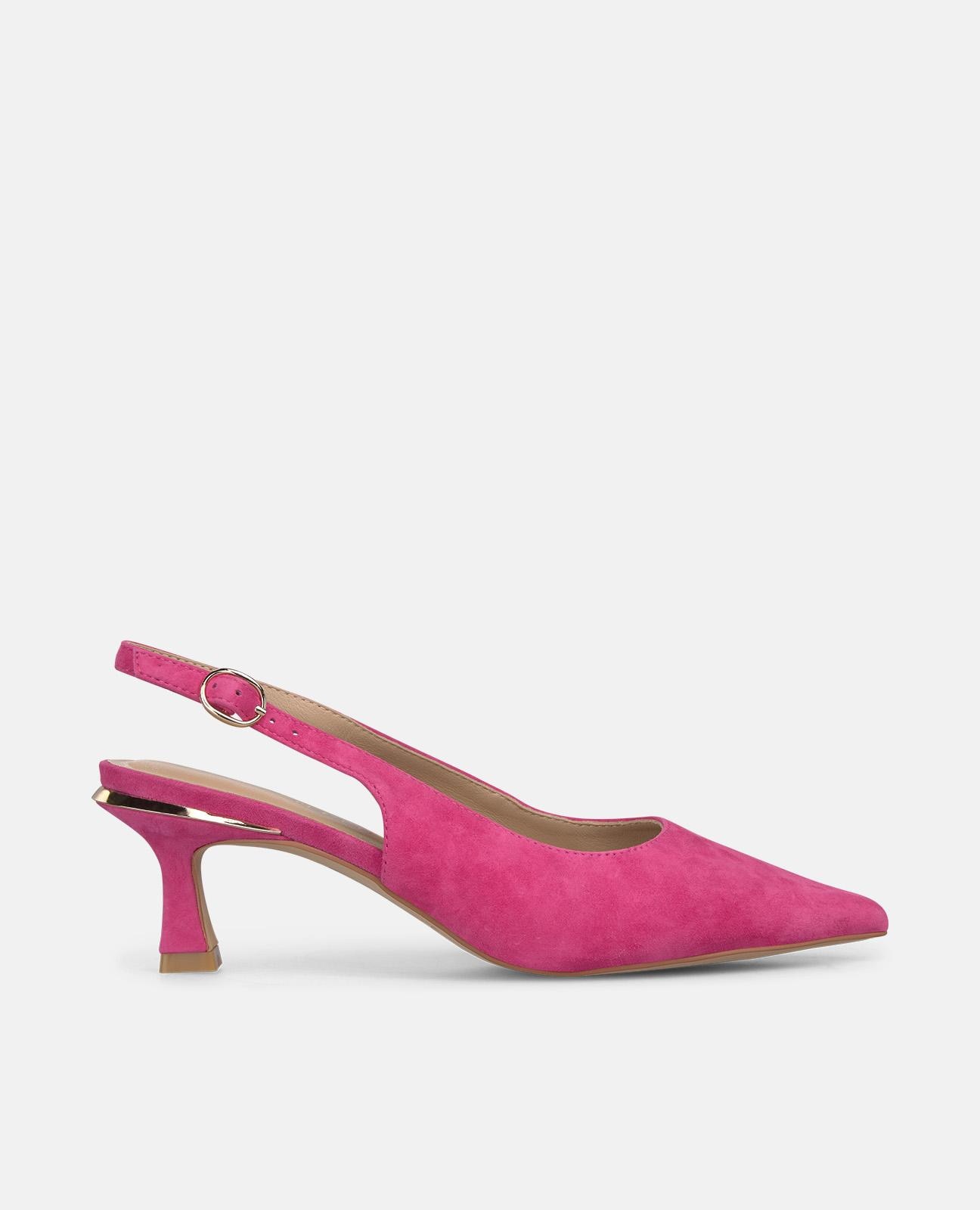 Sapatos de Salto com o Calcanhar Aberto em Pele com Tira Posterior de Fivela Fúcsia-1