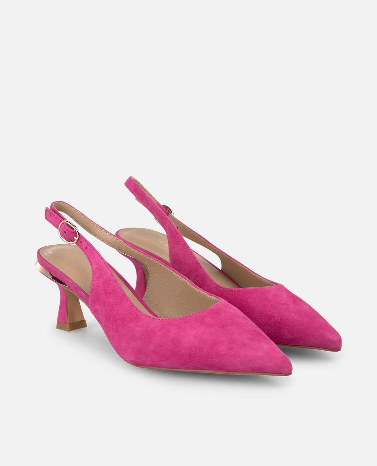 Sapatos de Salto com o Calcanhar Aberto em Pele com Tira Posterior de Fivela Fúcsia-2