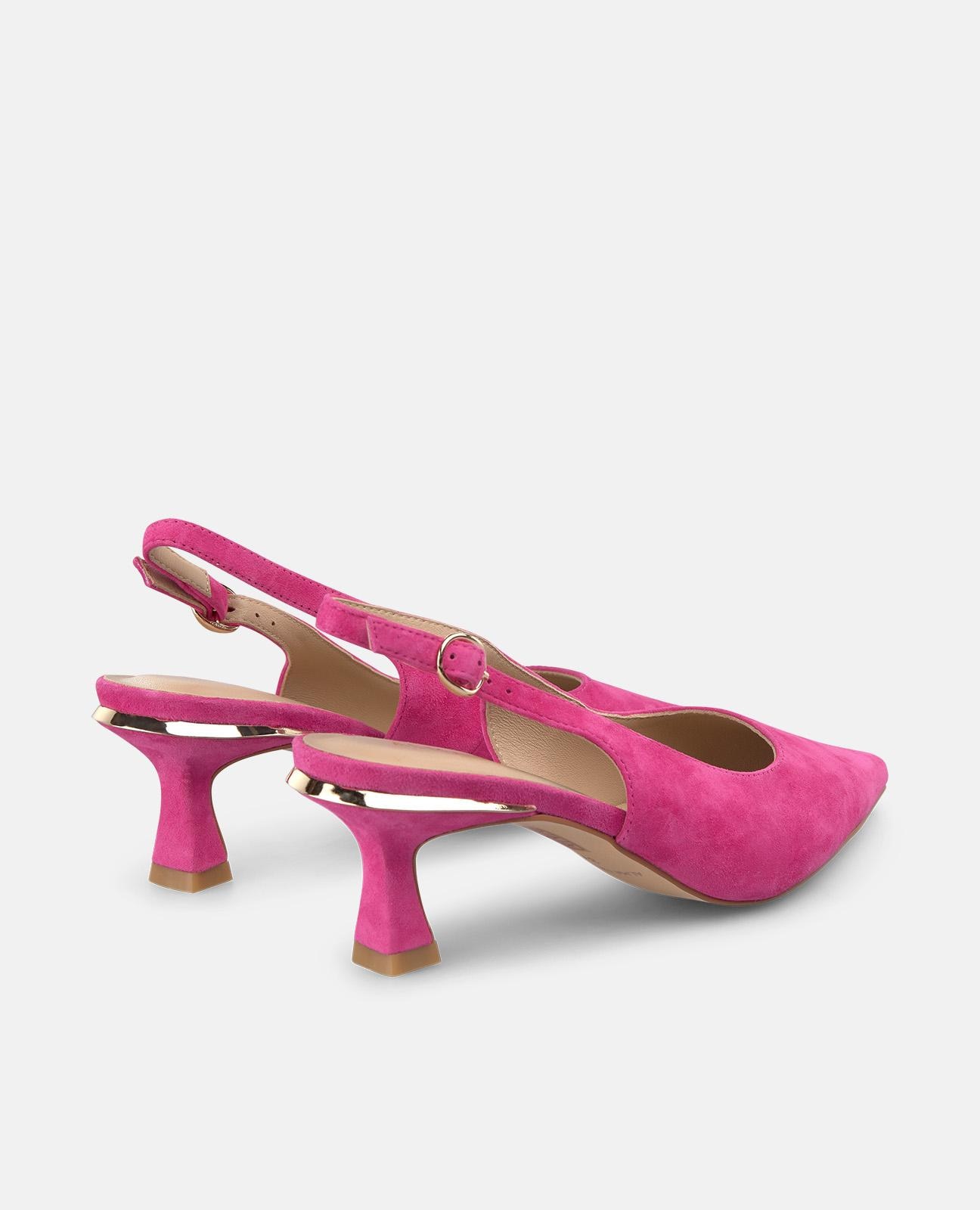 Sapatos de Salto com o Calcanhar Aberto em Pele com Tira Posterior de Fivela Fúcsia-3