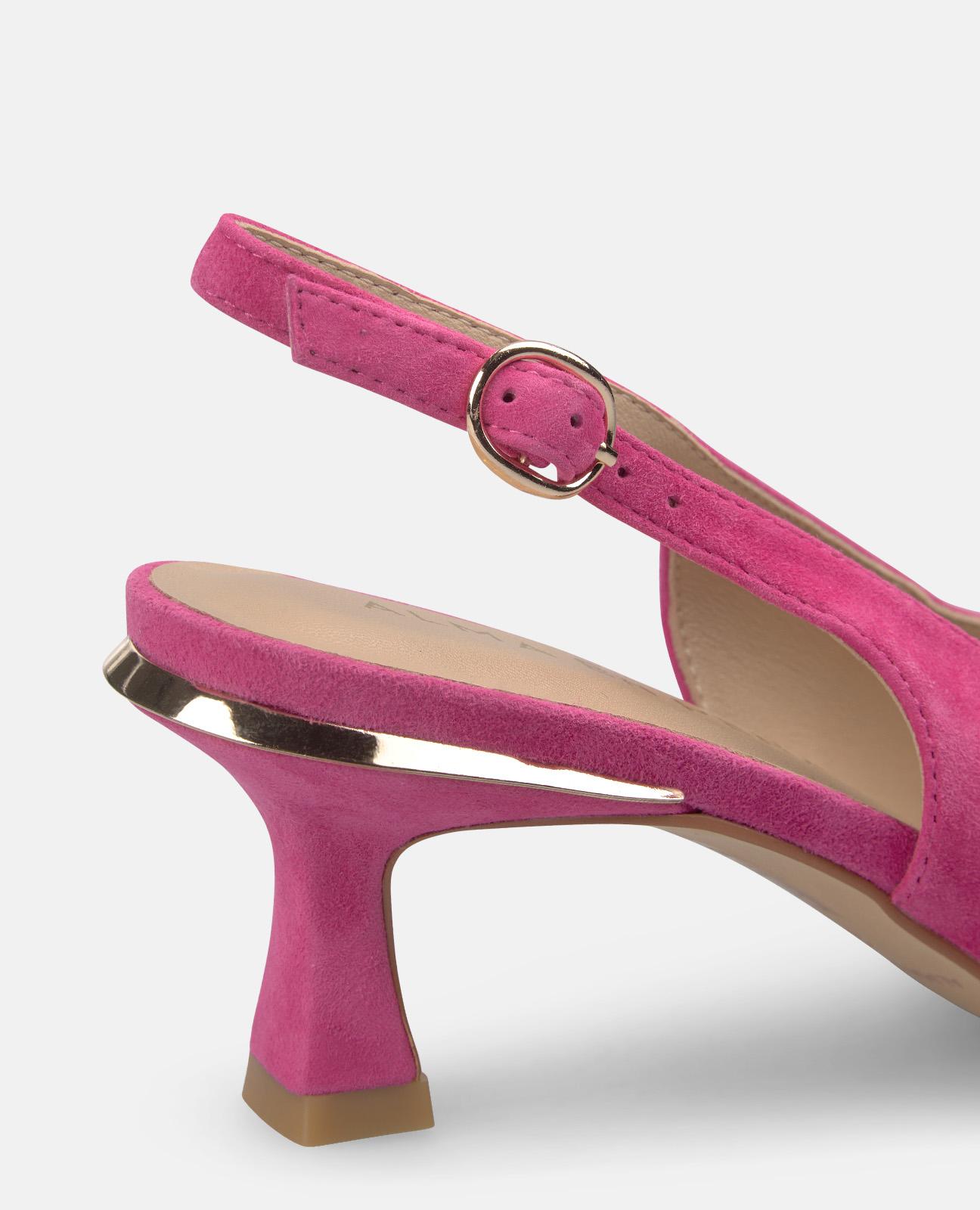Sapatos de Salto com o Calcanhar Aberto em Pele com Tira Posterior de Fivela Fúcsia-4