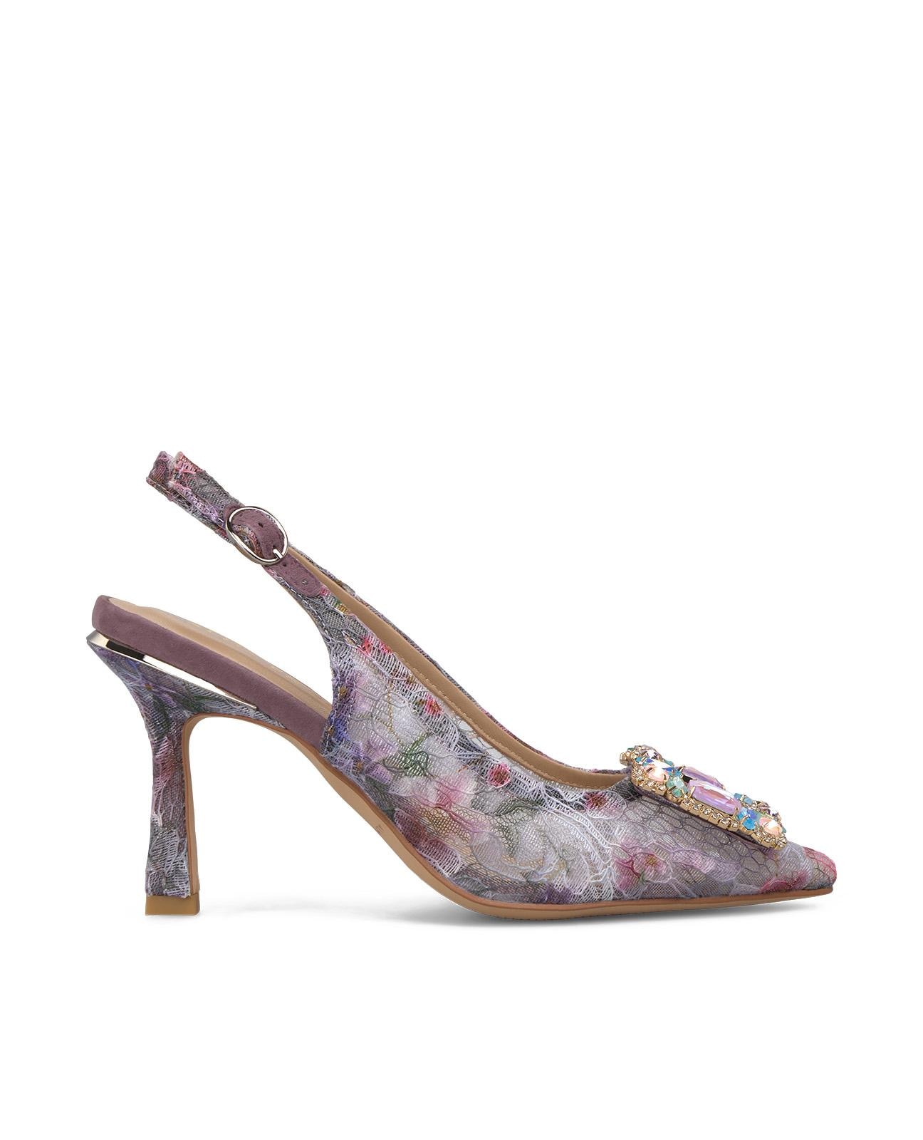 Imagem 0 de Sapatos de Salto com o Calcanhar Aberto em Tecido Renda Estampada e Detalhe Joia Frontal