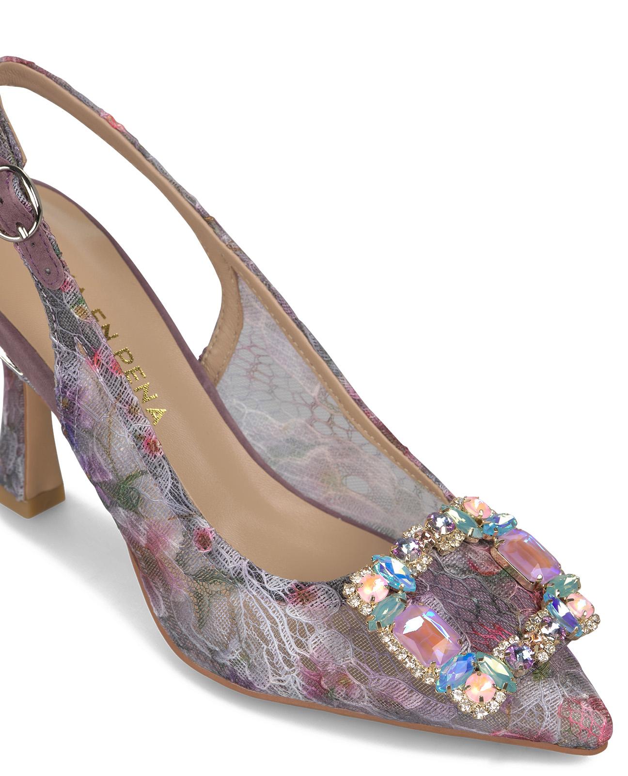 Sapatos de Salto com o Calcanhar Aberto em Tecido Renda Estampada e Detalhe Joia Frontal Violeta-4