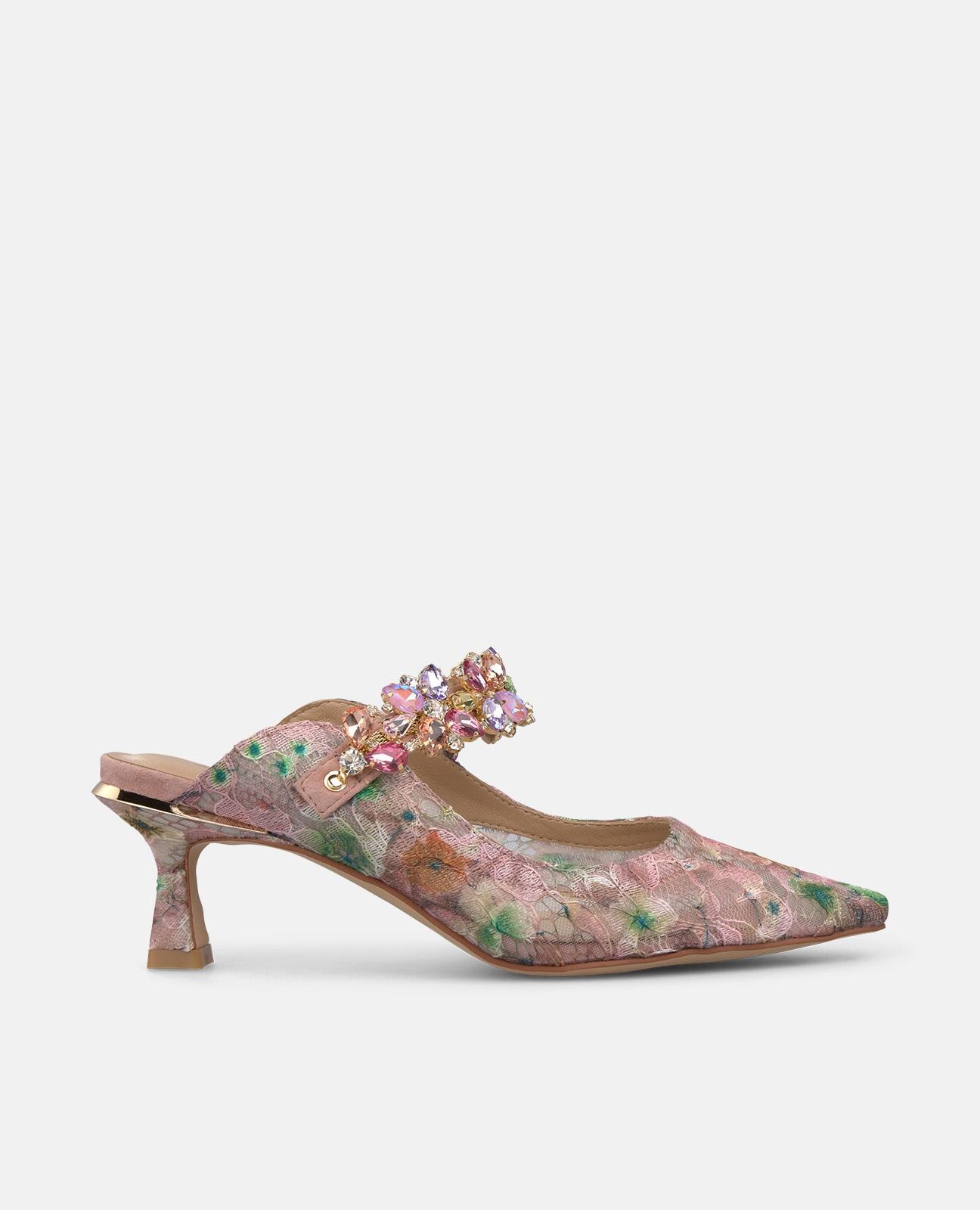 Imagem 0 de Sapatos de Salto com o Calcanhar Aberto em Renda Estampada e Tira de Pedraria