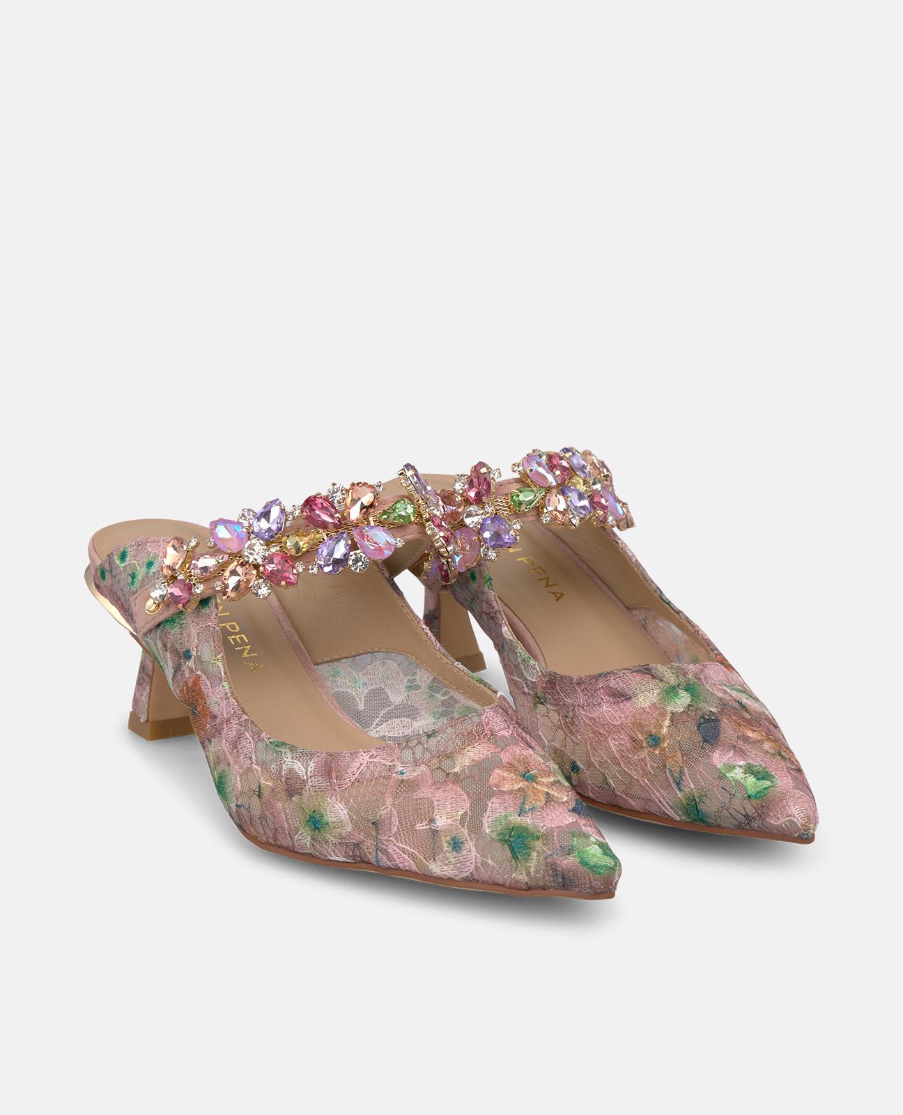 Sapatos de Salto com o Calcanhar Aberto em Renda Estampada e Tira de Pedraria Rosa-2