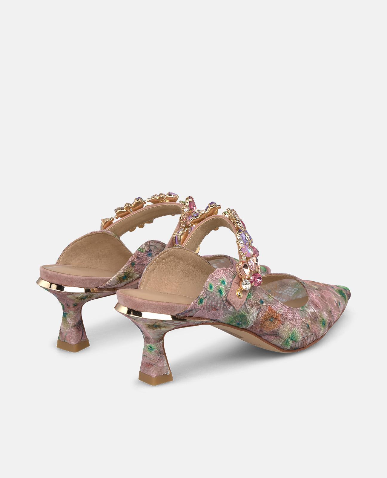 Sapatos de Salto com o Calcanhar Aberto em Renda Estampada e Tira de Pedraria Rosa-3