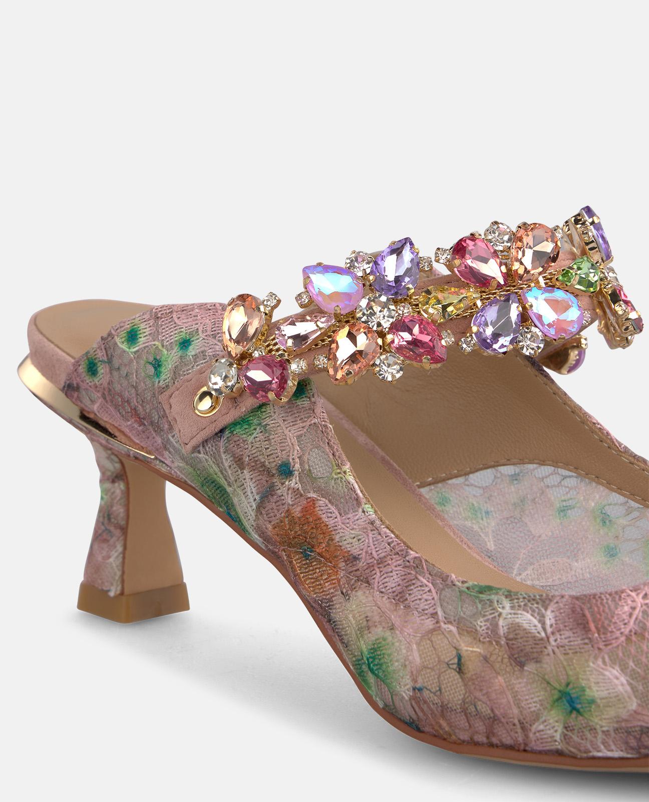 Sapatos de Salto com o Calcanhar Aberto em Renda Estampada e Tira de Pedraria Rosa-4