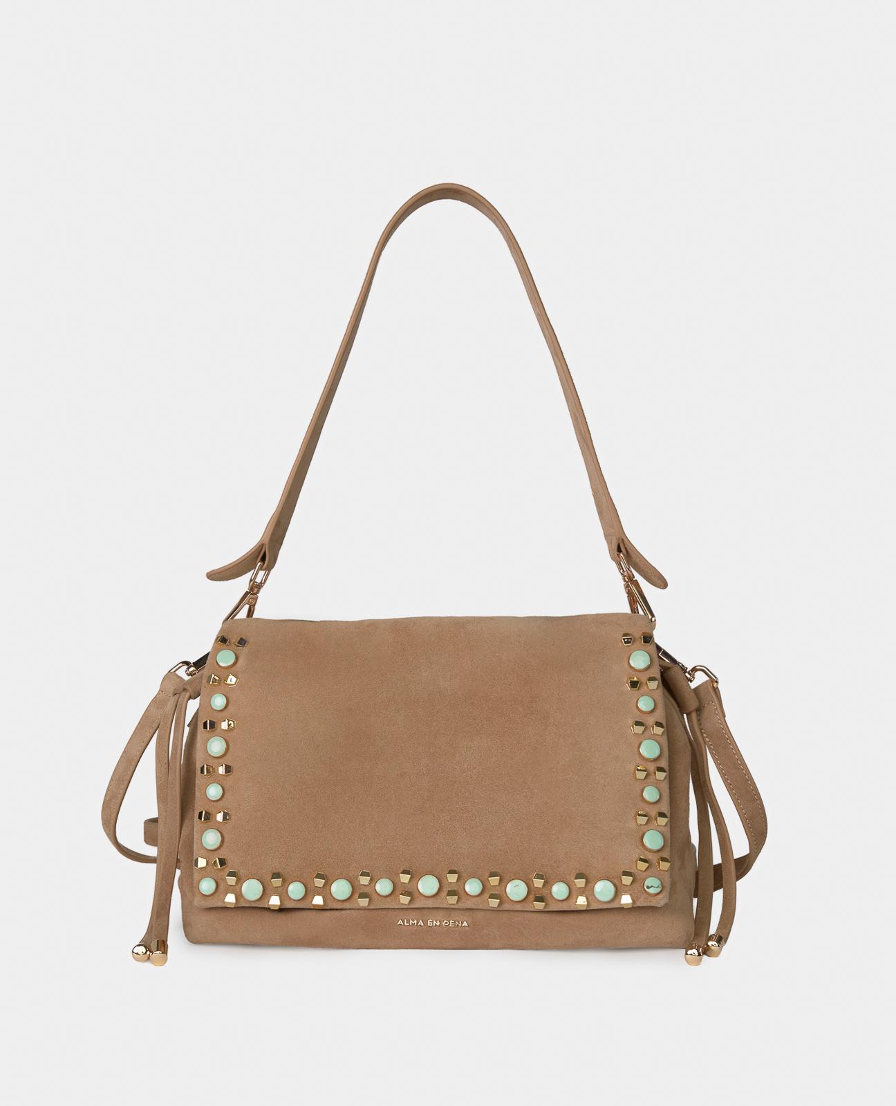 Imagem 0 de Mala Shopper de Pele com Tachas Metálicas Coloridas e Alça a Tiracolo Ajustável