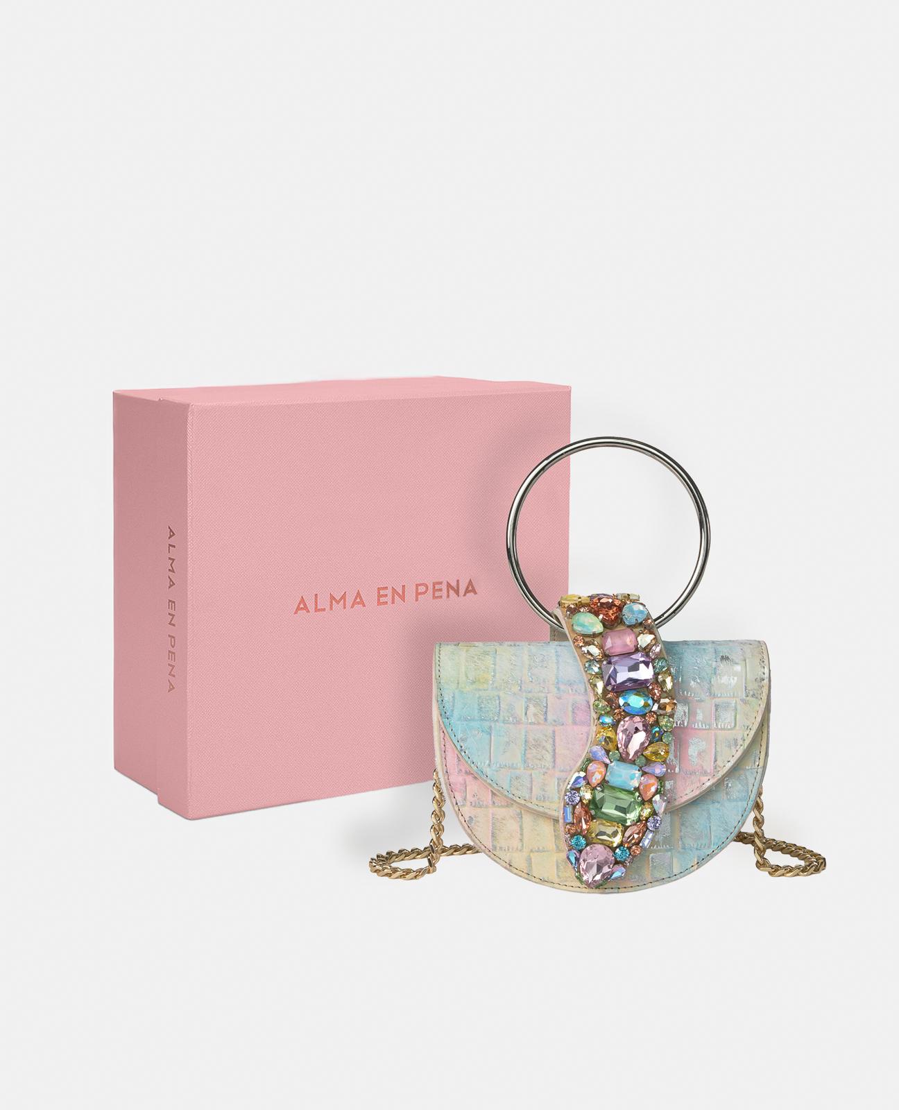 Mala de Mão Estilo Meia-lua de Pele Efeito Fantasia com Pedraria e Alça de Argolas Metálicas e Correia Mala a Tiracolo Ajustável Multicolor-5