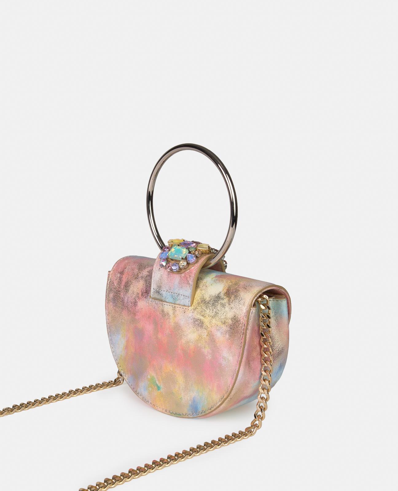 Mala de Mão Estilo Meia-lua de Pele Efeito Fantasia com Pedraria e Alça de Argolas Metálicas e Correia Mala a Tiracolo Ajustável Multicolor-2