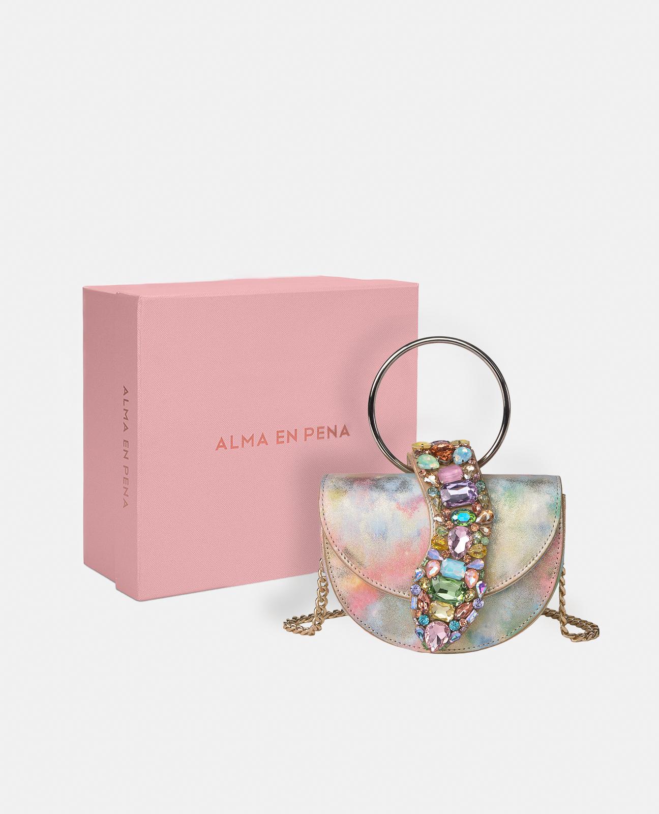 Mala de Mão Estilo Meia-lua de Pele Efeito Fantasia com Pedraria e Alça de Argolas Metálicas e Correia Mala a Tiracolo Ajustável Multicolor-5