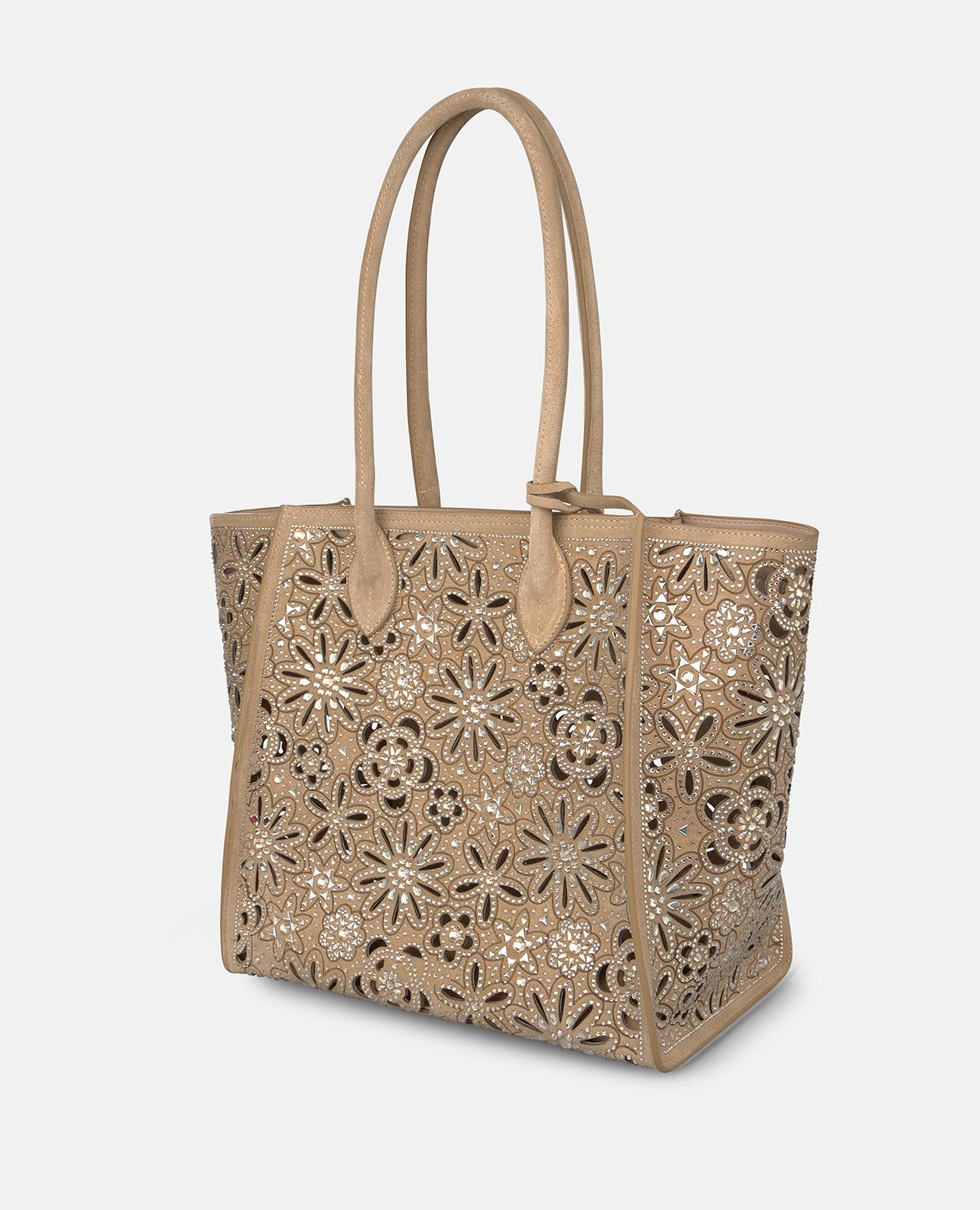 Mala Shopper de Pele com Design Perfurado Decorativo de Inspiração Floral e Fecho com Íman Areia-4