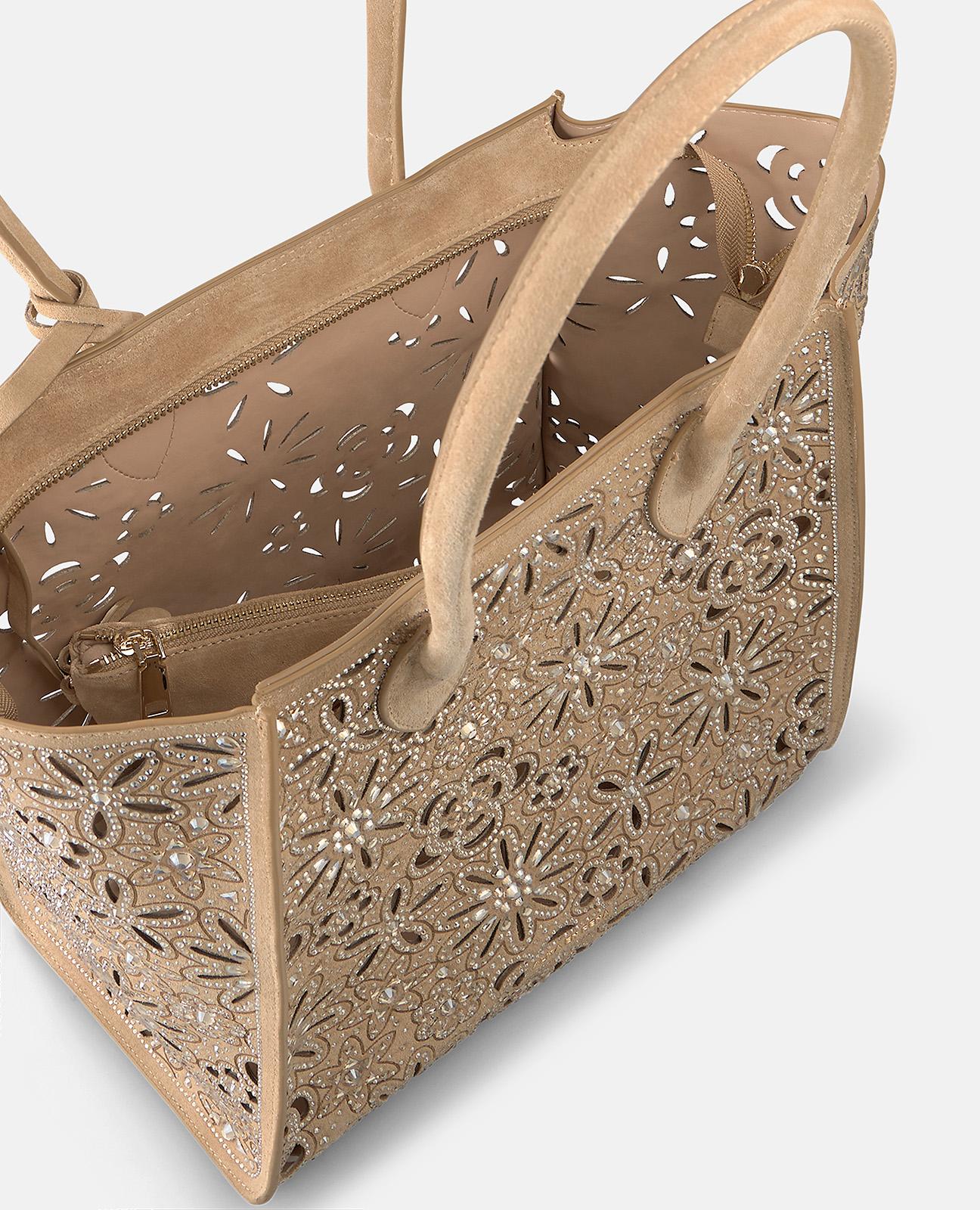 Mala Shopper de Pele com Design Perfurado Decorativo de Inspiração Floral e Fecho com Íman Areia-5