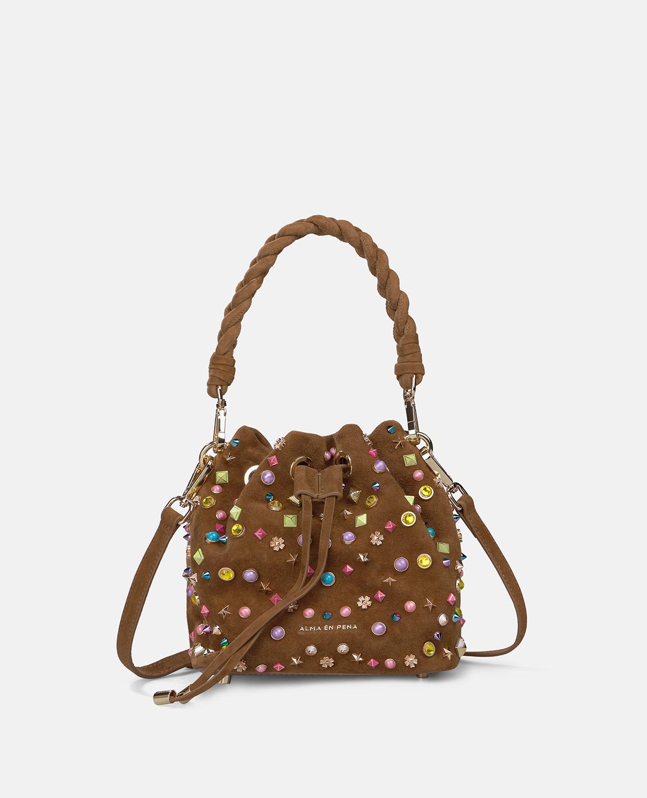 Mala de Mão Estilo Bombonera de Pele com Tachas Multicolor e Alça Mala a Tiracolo Ajustável Caramelo-1