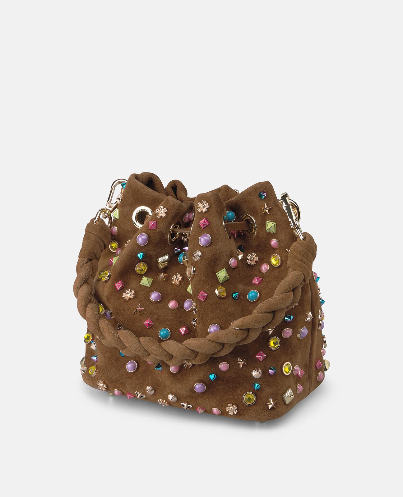 Mala de Mão Estilo Bombonera de Pele com Tachas Multicolor e Alça Mala a Tiracolo Ajustável Caramelo-4