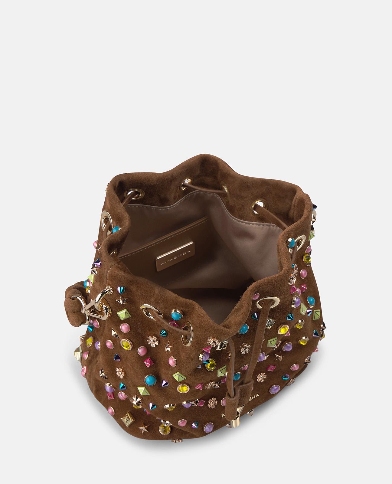 Mala de Mão Estilo Bombonera de Pele com Tachas Multicolor e Alça Mala a Tiracolo Ajustável Caramelo-5