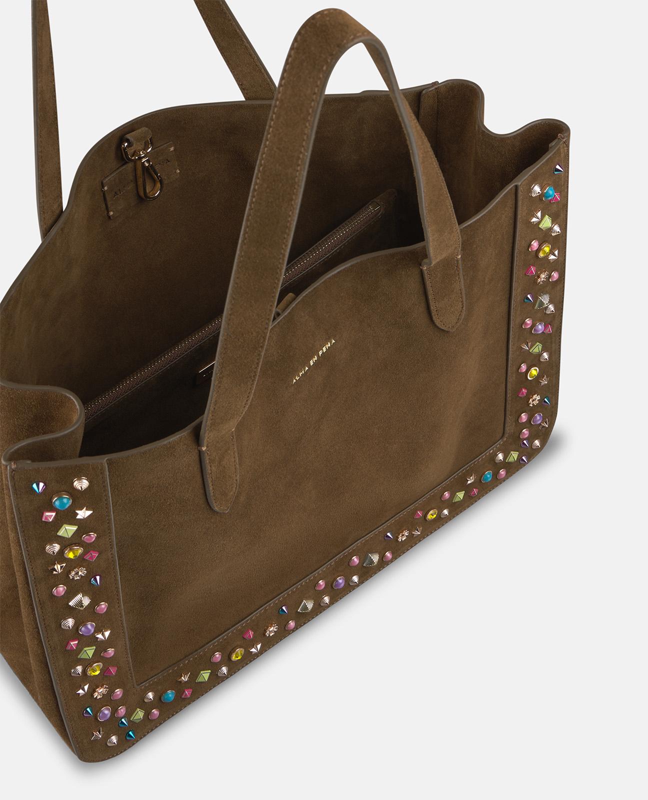 Mala Shopper de Pele com Design em Tachas Metálicas de Cores e Fecho com Íman Camel-5