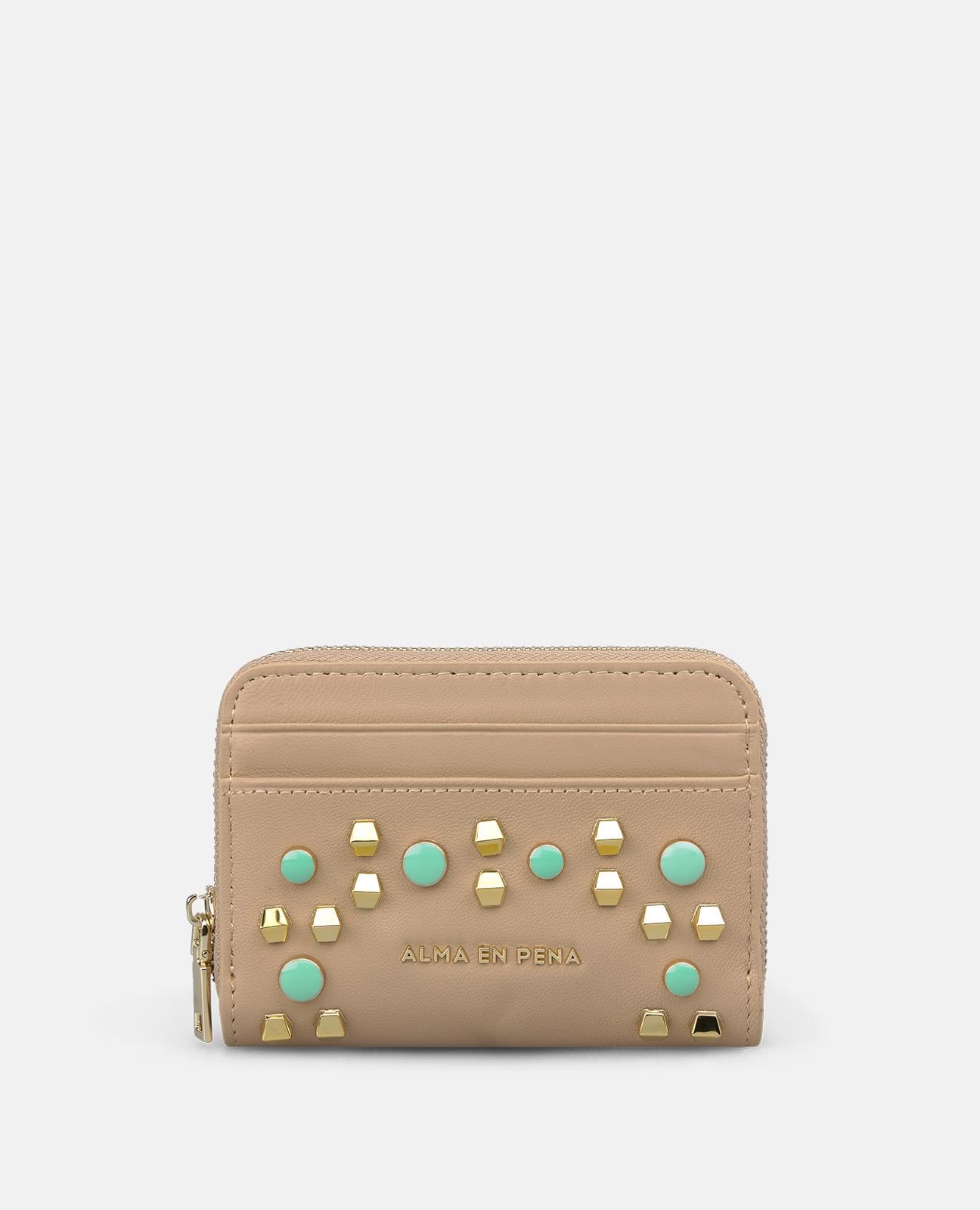 Imagem 0 de Carteira de Pele com Tachas Multicolor com Forro Interior Têxtil com Ranhura para Cartões e Bolso de Fecho Zip