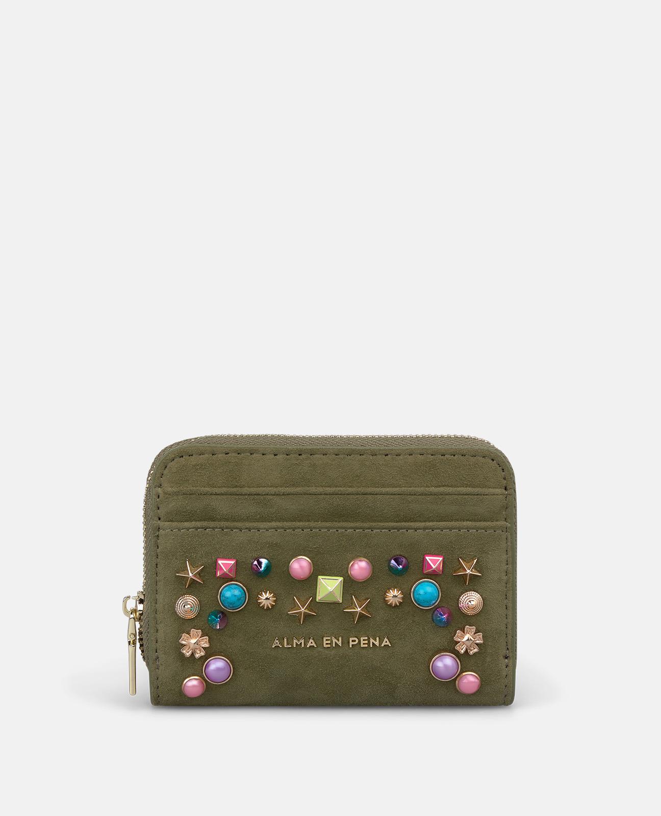 Imagem 0 de Carteira de Pele com Tachas Multicolor com Forro Interior Têxtil com Ranhura para Cartões e Bolso de Fecho Zip