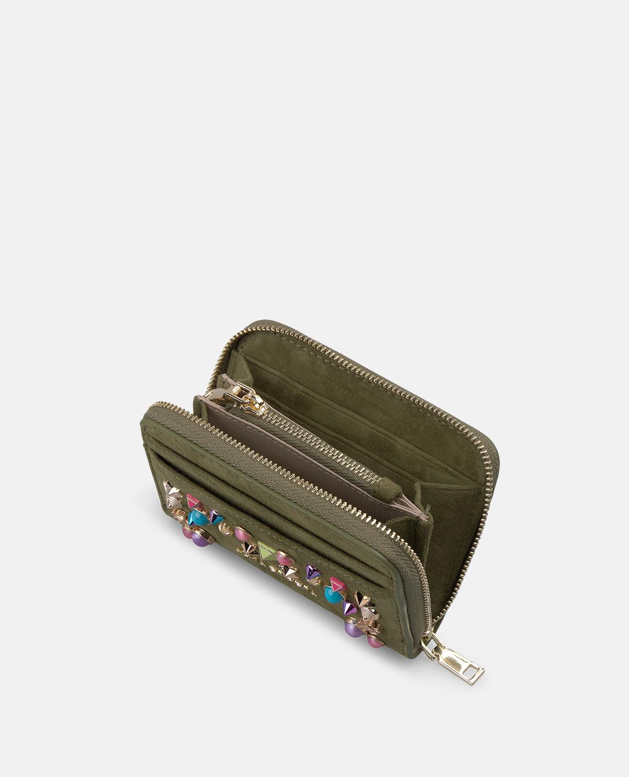 Carteira de Pele com Tachas Multicolor com Forro Interior Têxtil com Ranhura para Cartões e Bolso de Fecho Zip Caqui-3