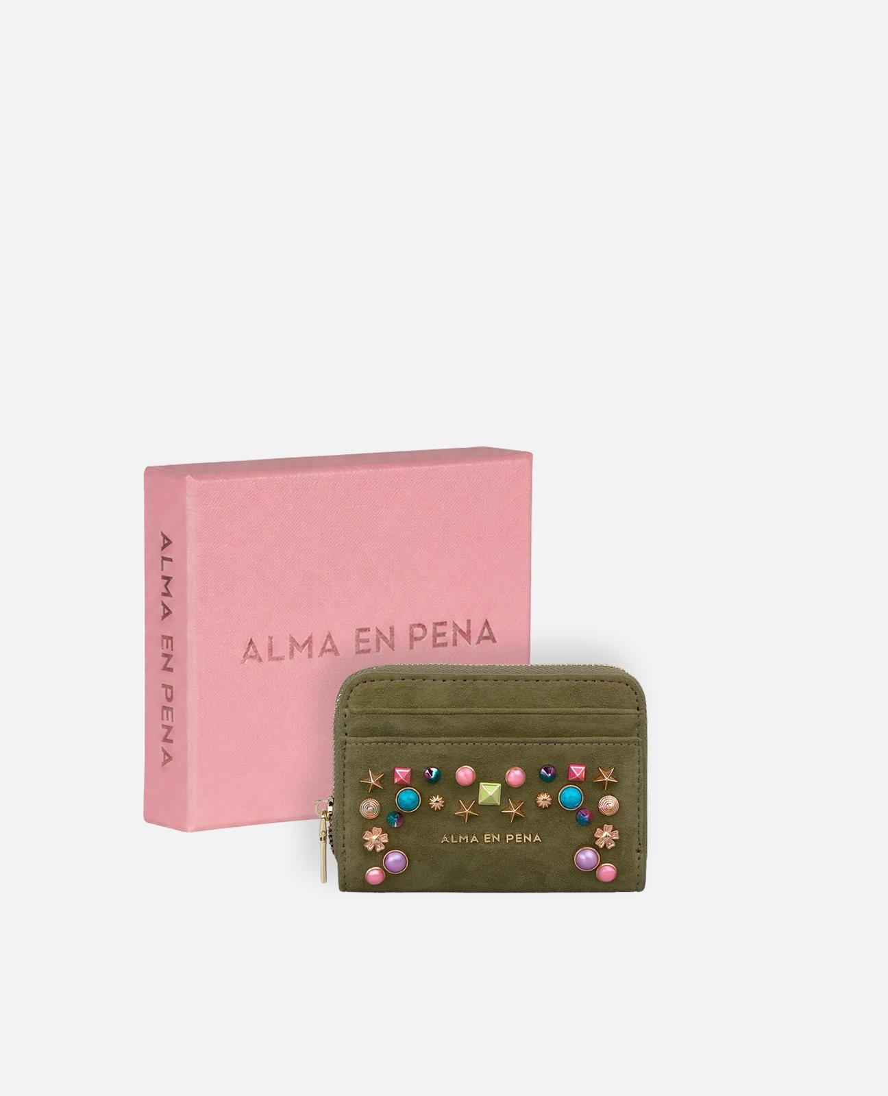 Carteira de Pele com Tachas Multicolor com Forro Interior Têxtil com Ranhura para Cartões e Bolso de Fecho Zip Caqui-4