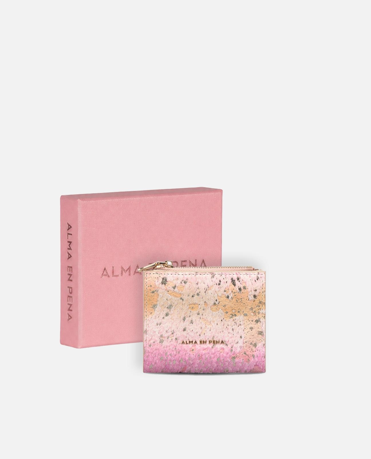 Carteira de Pele com Efeito Fantasia e Forro Interior Têxtil com Ranhura para Cartões e Bolso com Fecho Zip Rosa-4