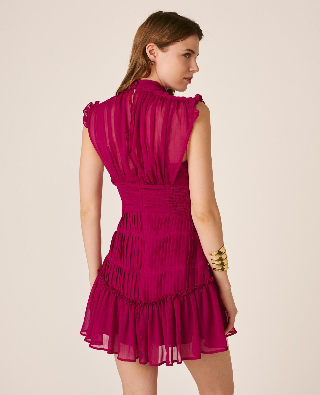 Vestido Curto sem Mangas e Gola Alta com Fecho Zip Invisível e Botões na Gola Fúcsia-8