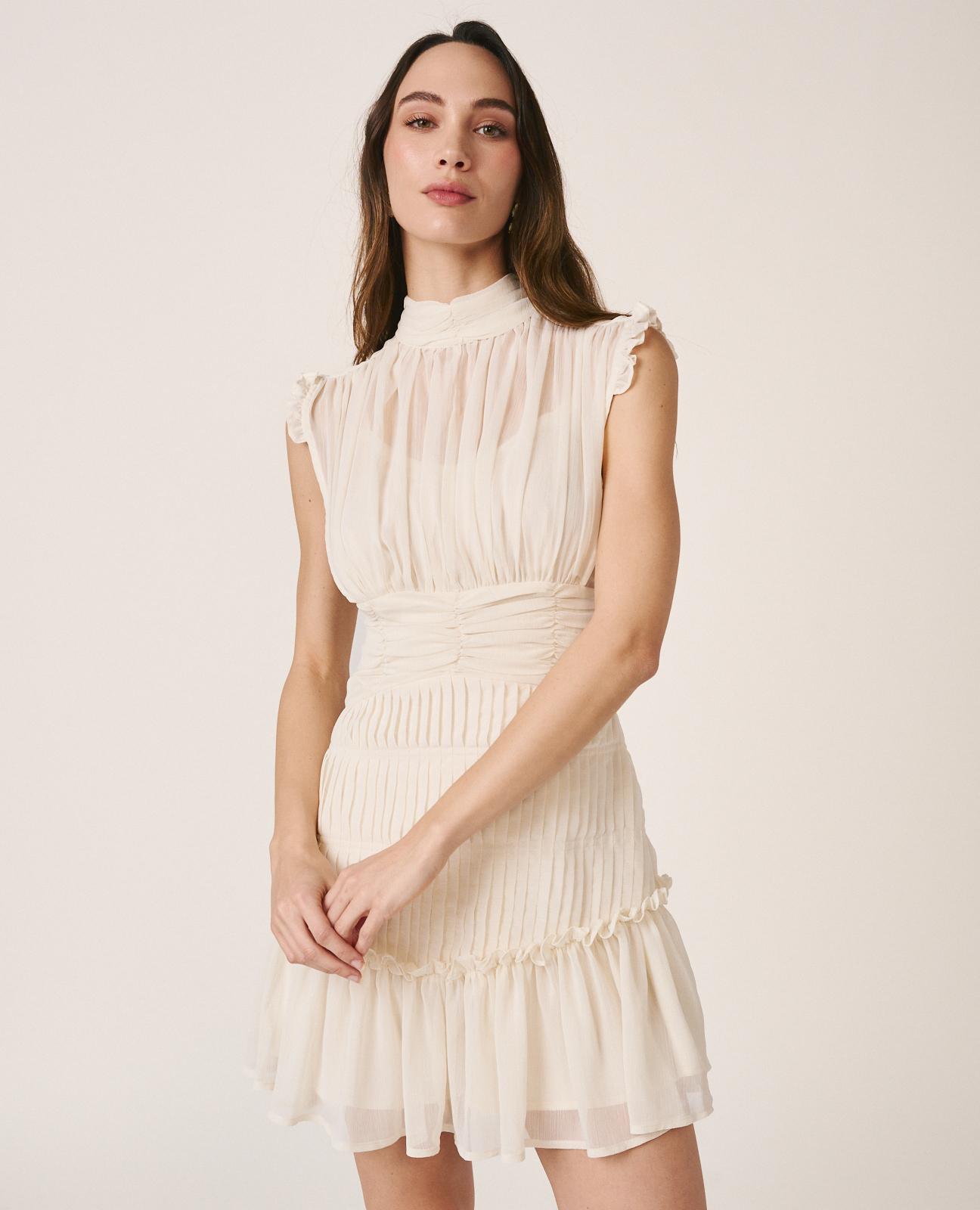 Vestido Curto sem Mangas de Gola Alta e Fecho Zip Branco-4