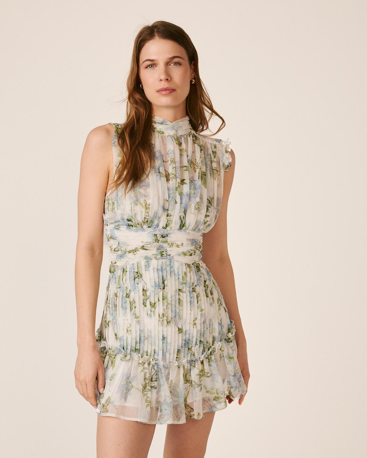 Vestido Curto sem Mangas e Gola Alta com Fecho Zip Invisível e Botões na Gola Azul-1