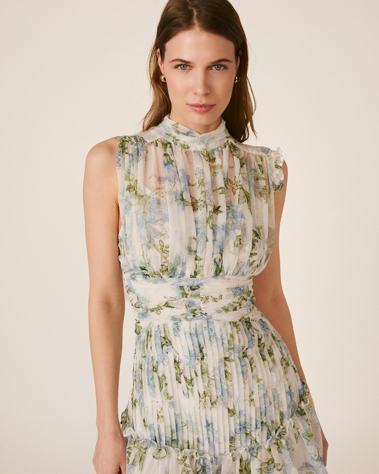 Vestido Curto sem Mangas e Gola Alta com Fecho Zip Invisível e Botões na Gola Azul-2