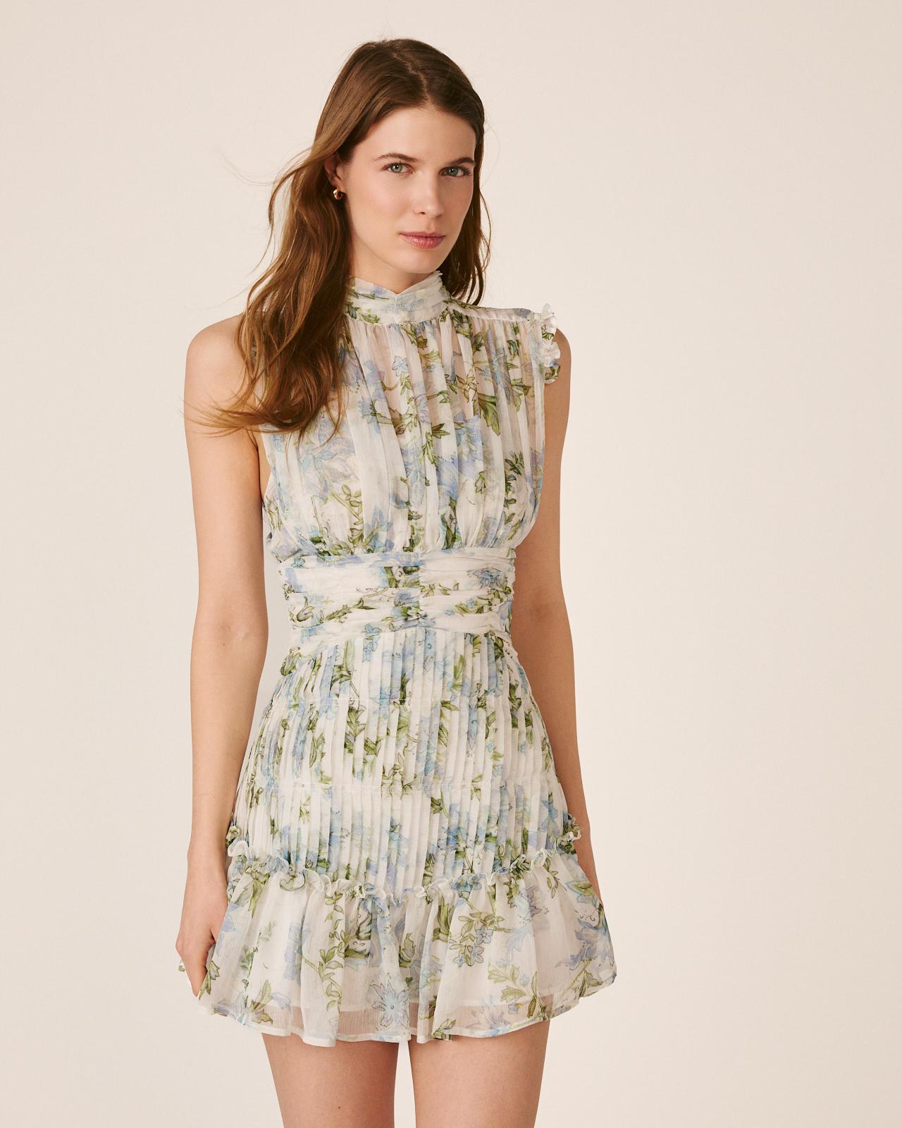 Vestido Curto sem Mangas e Gola Alta com Fecho Zip Invisível e Botões na Gola Azul-4
