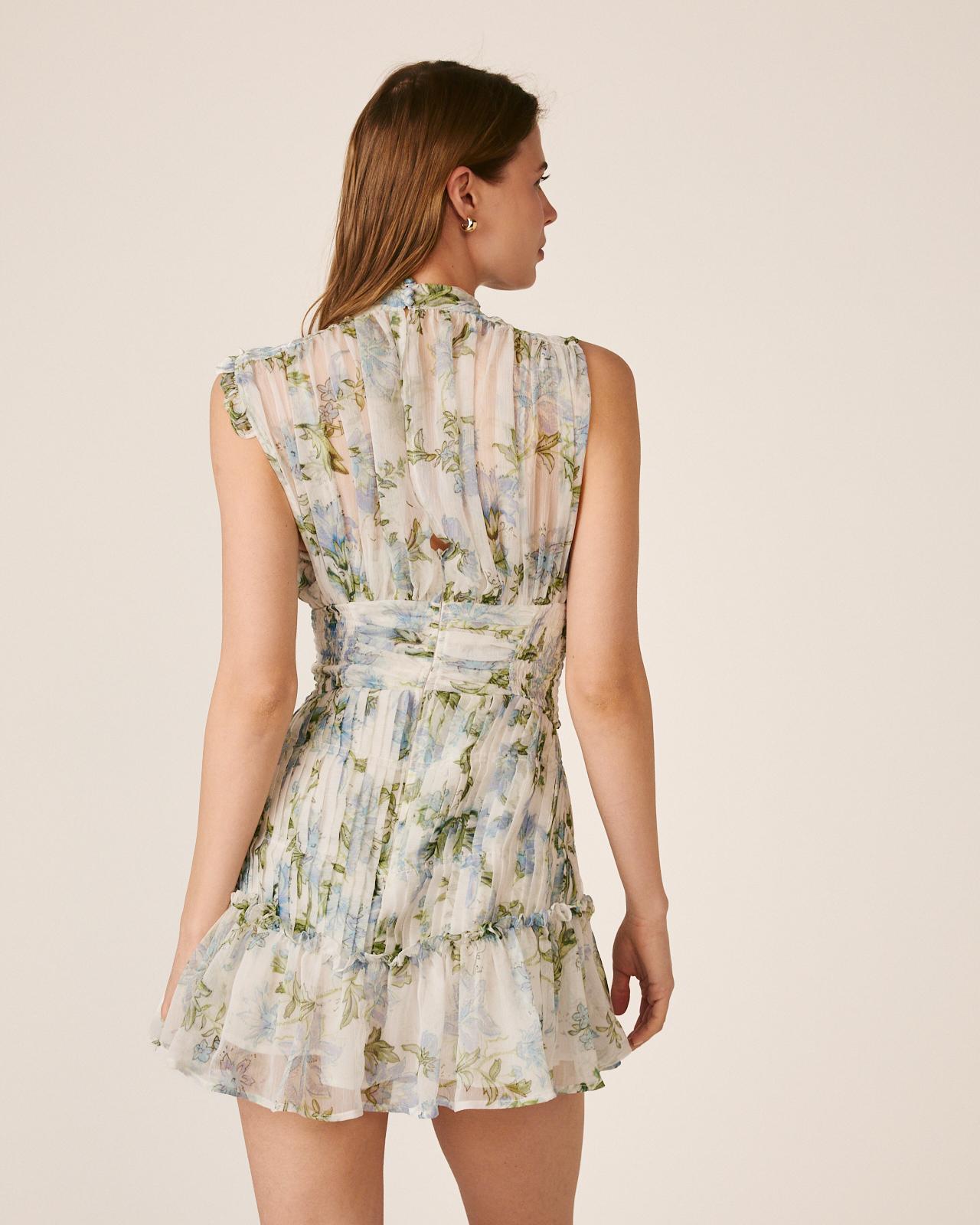 Vestido Curto sem Mangas e Gola Alta com Fecho Zip Invisível e Botões na Gola Azul-6
