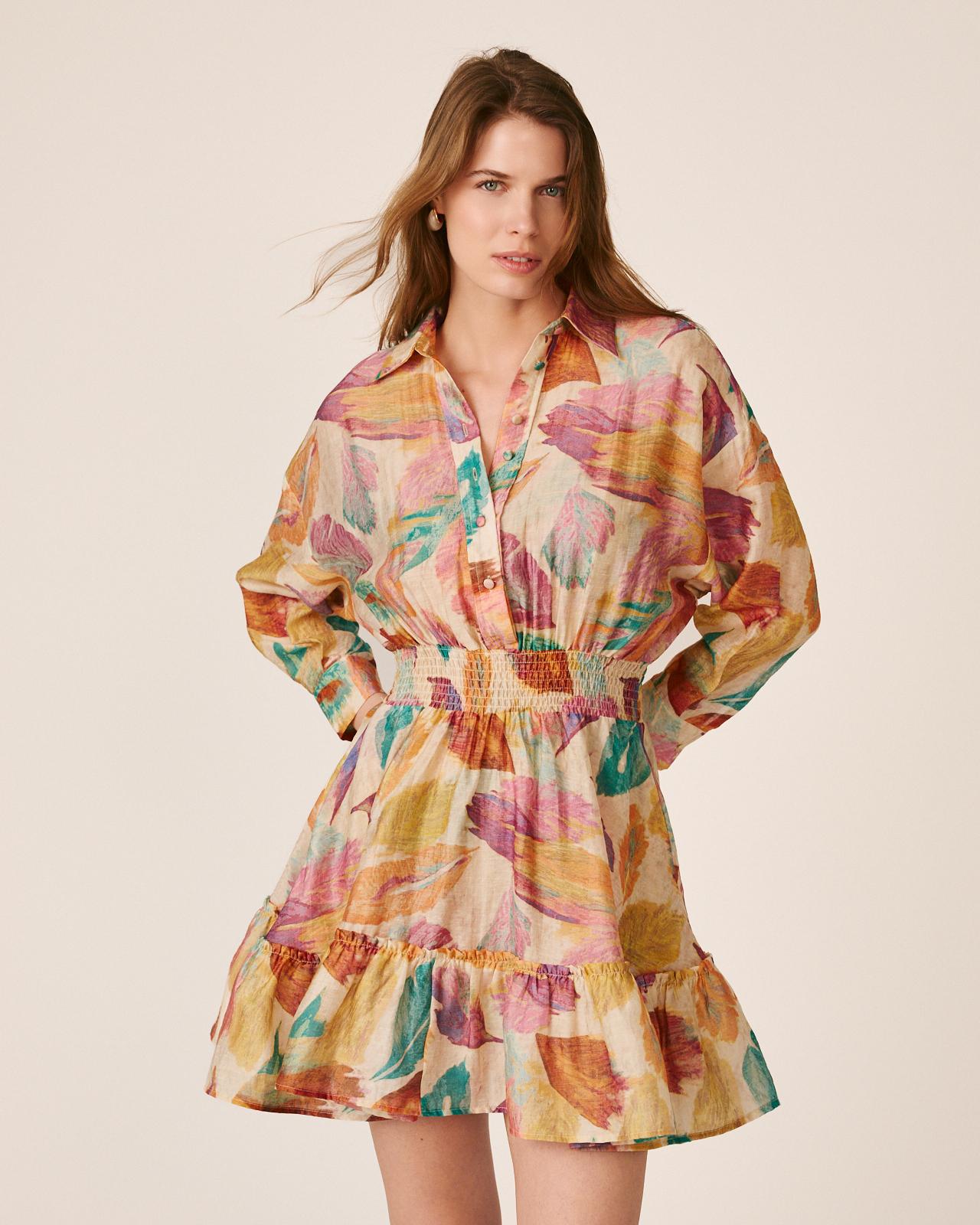 Vestido Curto Bordado com Estampado Floral de Manga Comprida Tipo Camisa e Bolsos Laterais Laranja-2