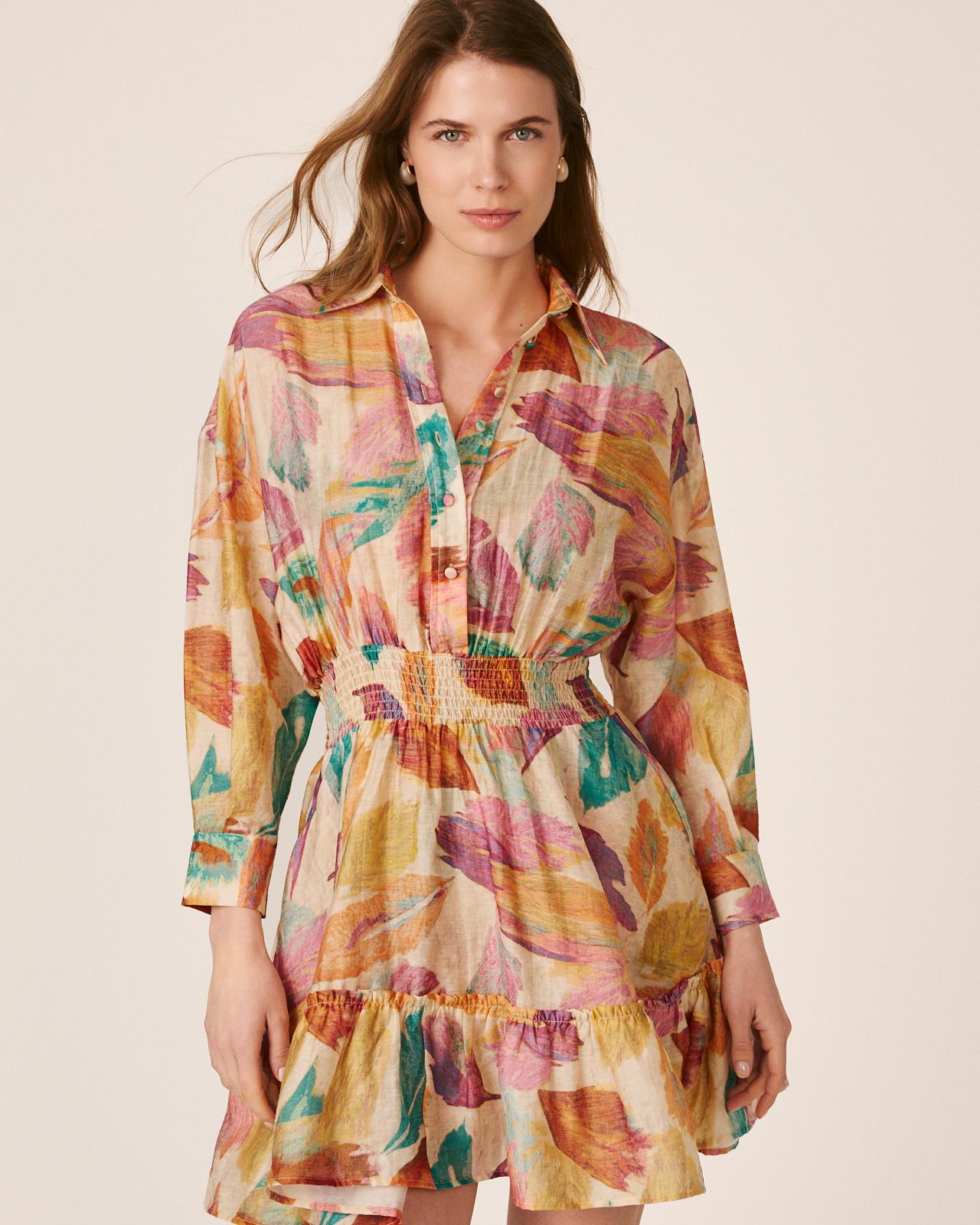 Vestido Curto Bordado com Estampado Floral de Manga Comprida Tipo Camisa e Bolsos Laterais Laranja-3