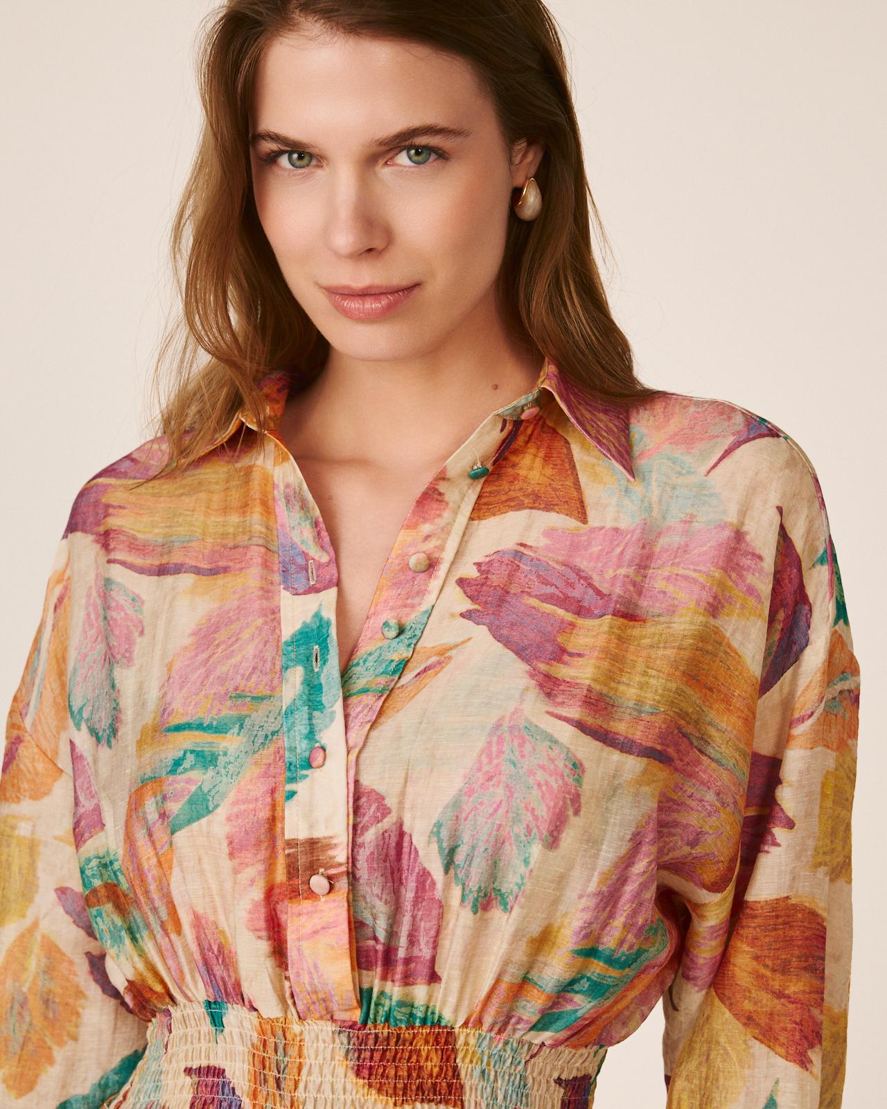 Vestido Curto Bordado com Estampado Floral de Manga Comprida Tipo Camisa e Bolsos Laterais Laranja-4