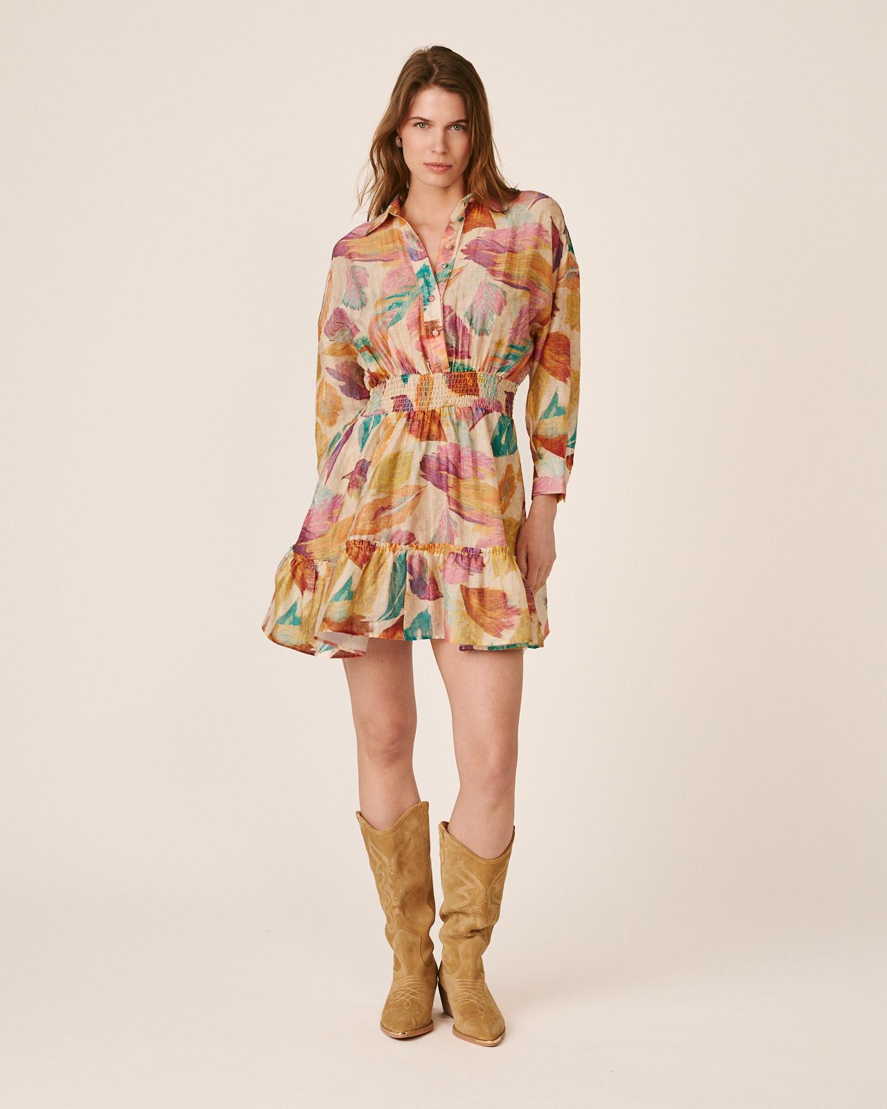 Vestido Curto Bordado com Estampado Floral de Manga Comprida Tipo Camisa e Bolsos Laterais Laranja-5