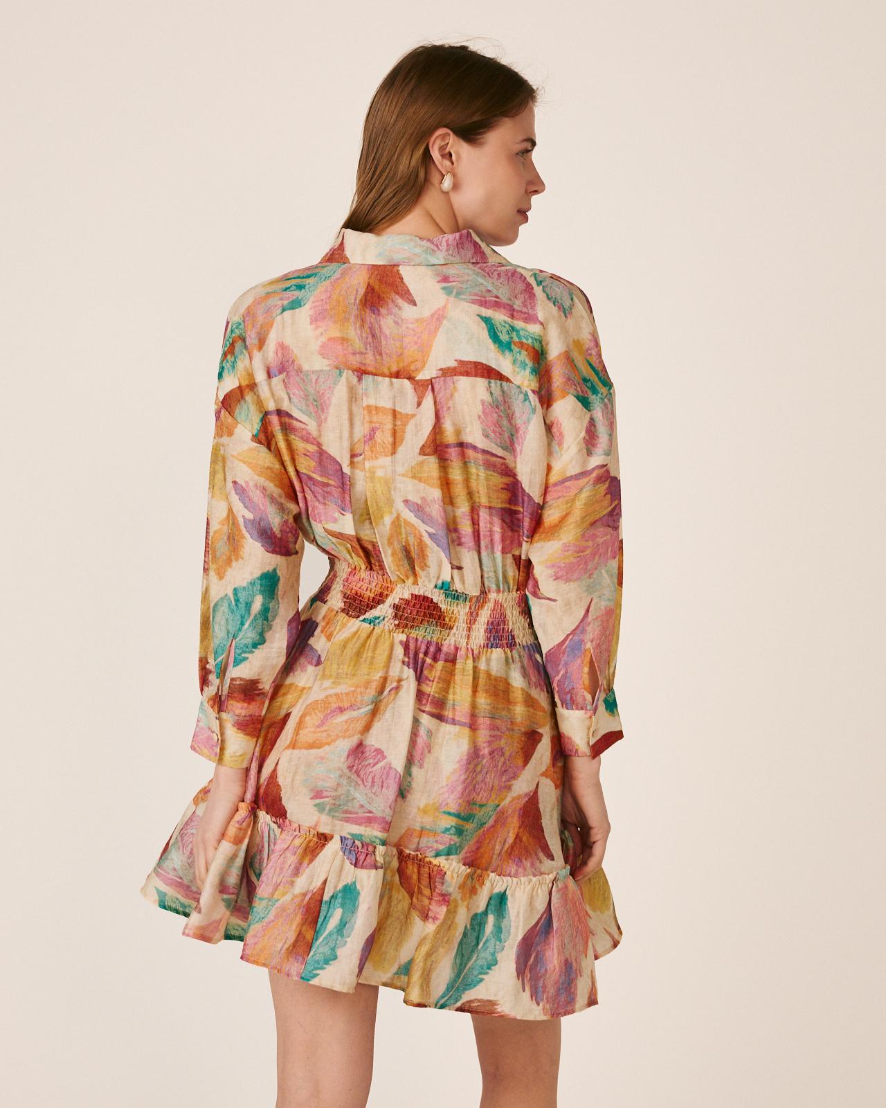 Vestido Curto Bordado com Estampado Floral de Manga Comprida Tipo Camisa e Bolsos Laterais Laranja-6