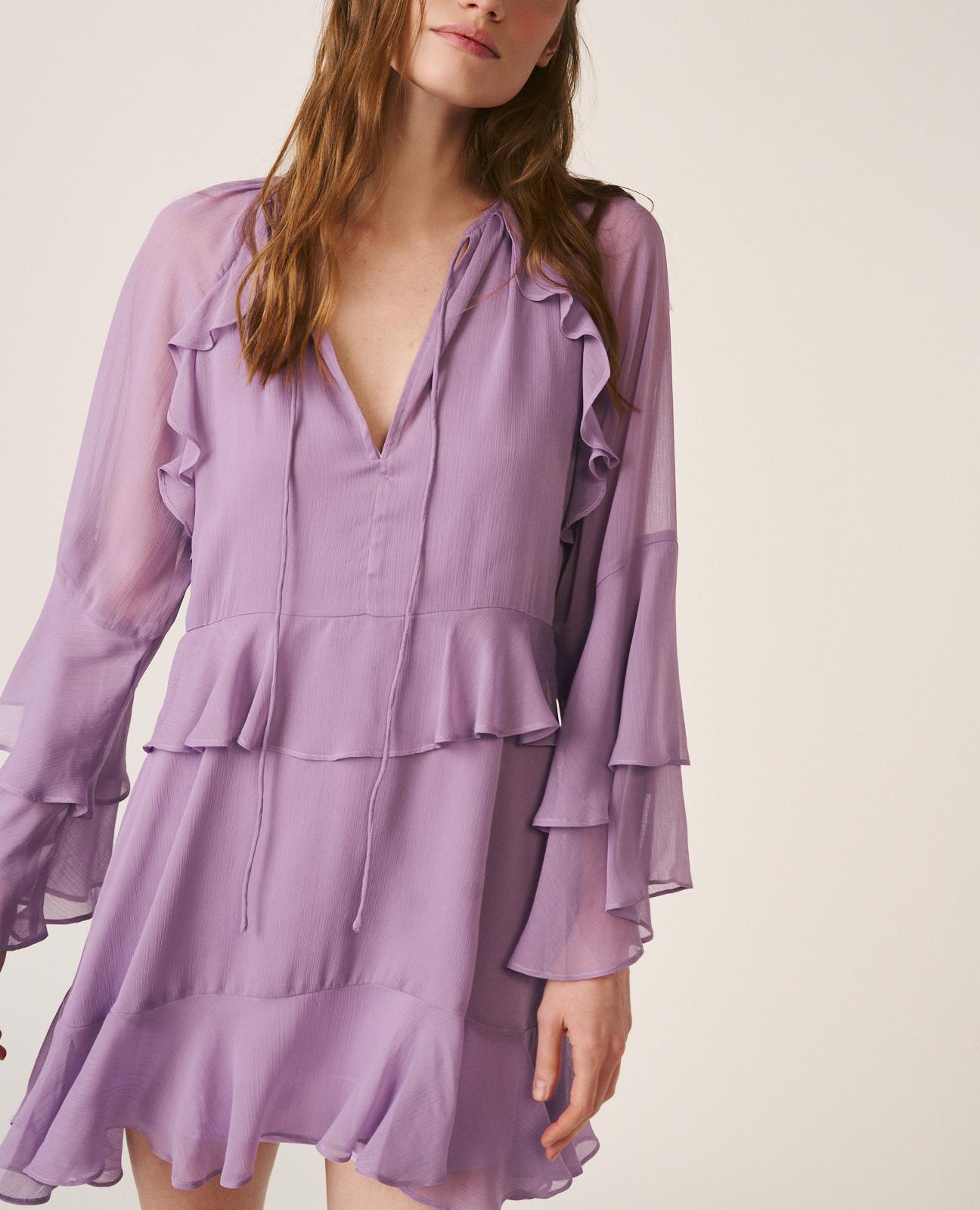 Vestido Curto Fluido Confecionado em Gase de Manga Comprida À Boca de Sino Lilás-6