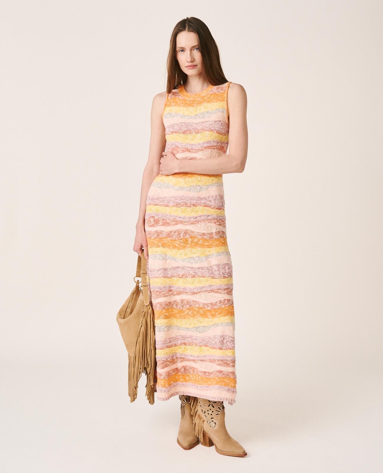 Vestido Midi de Malha com Estampado Geométrico sem Mangas Laranja-5