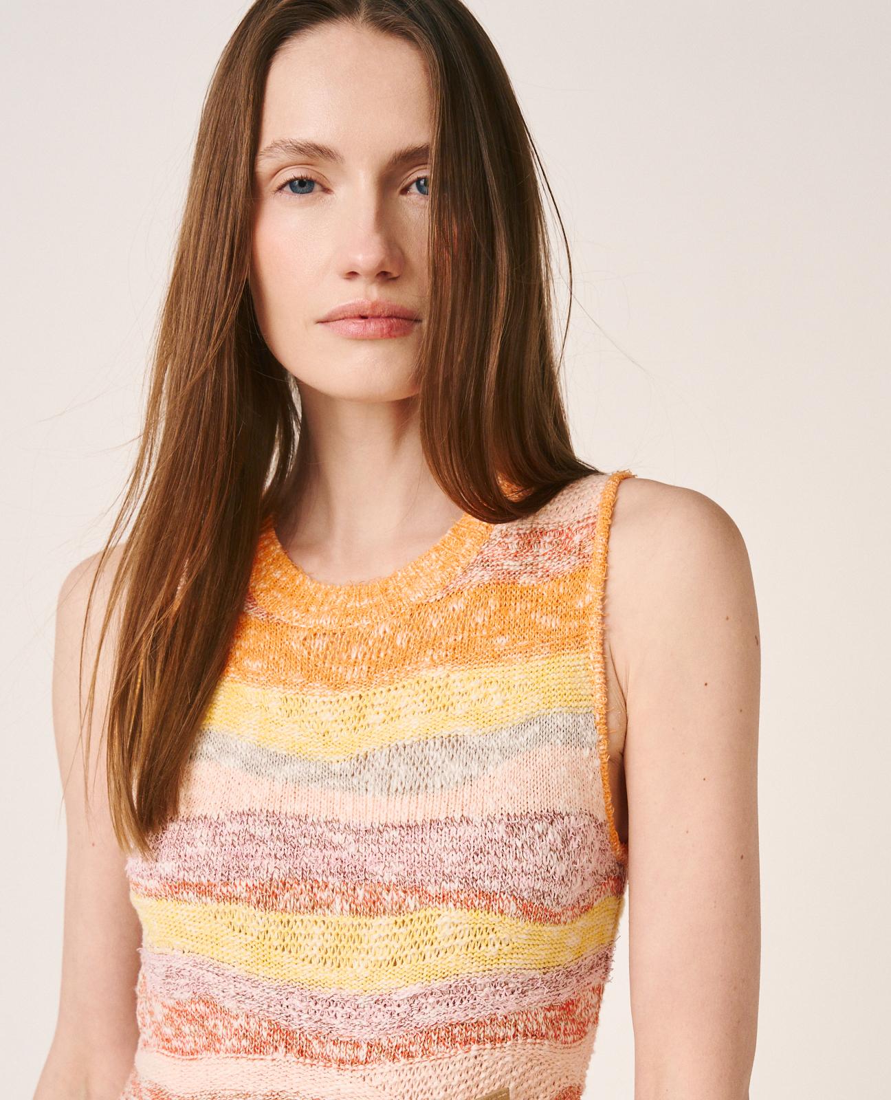 Vestido Midi de Malha com Estampado Geométrico sem Mangas Laranja-6