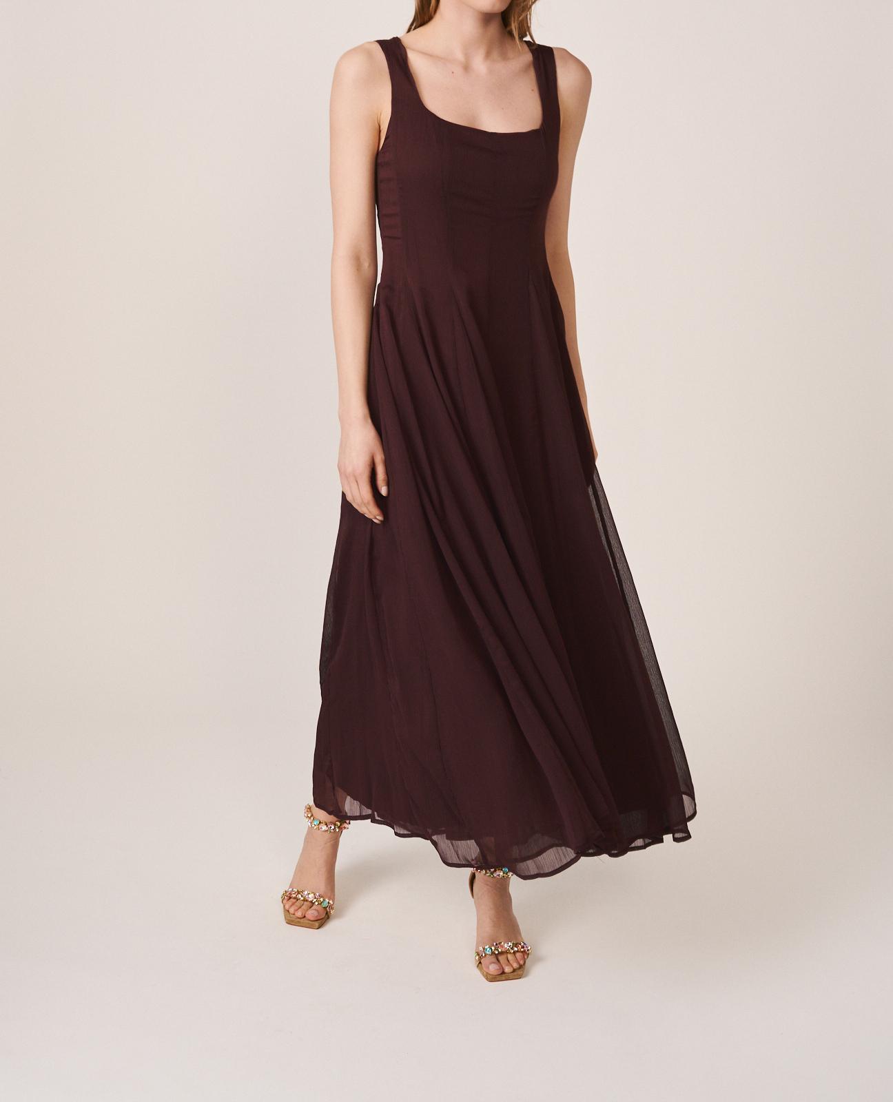 Vestido Midi com Volume Confecionado em Gaze e Gola Quadrada Castanho-6