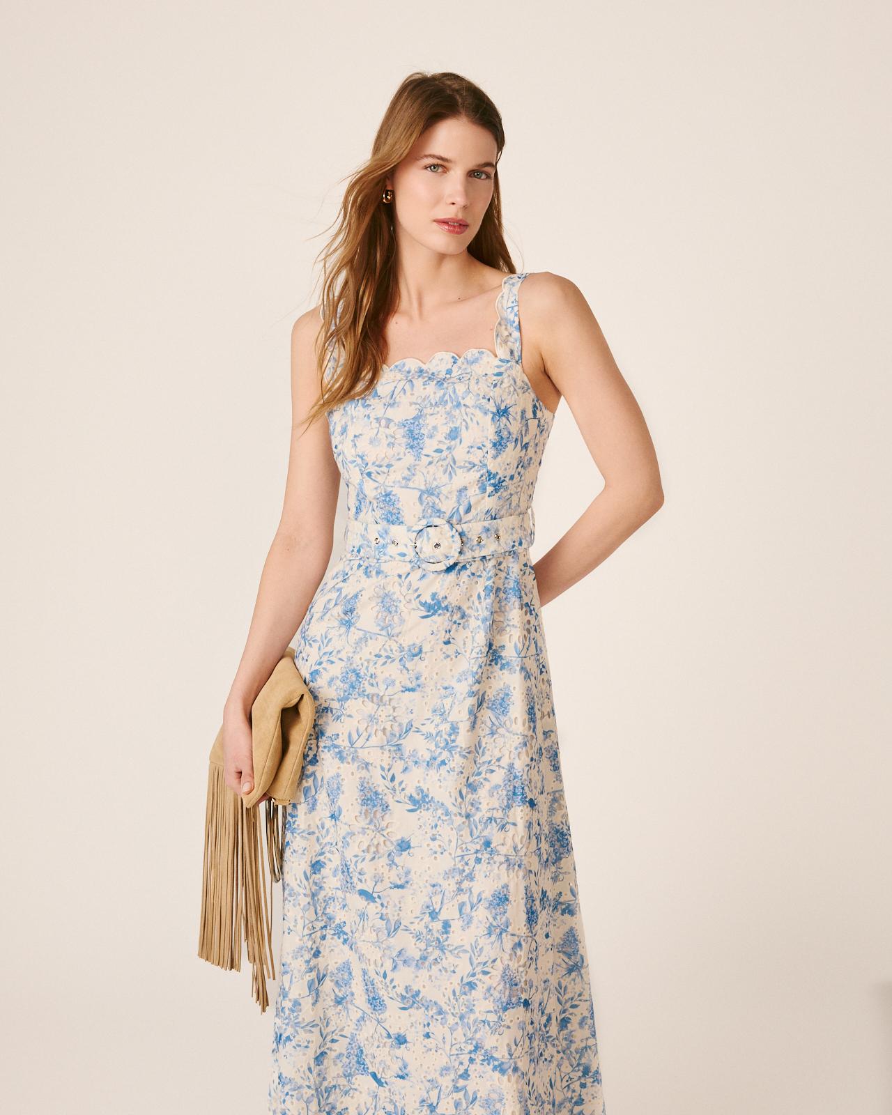 Vestido Comprido com Estampado Floral e Cinto e Bordado Inglês Azul-2