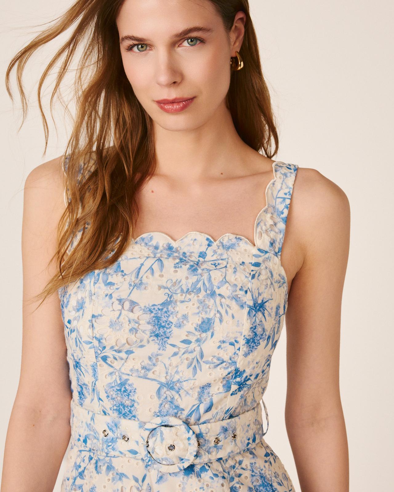 Vestido Comprido com Estampado Floral e Cinto e Bordado Inglês Azul-4
