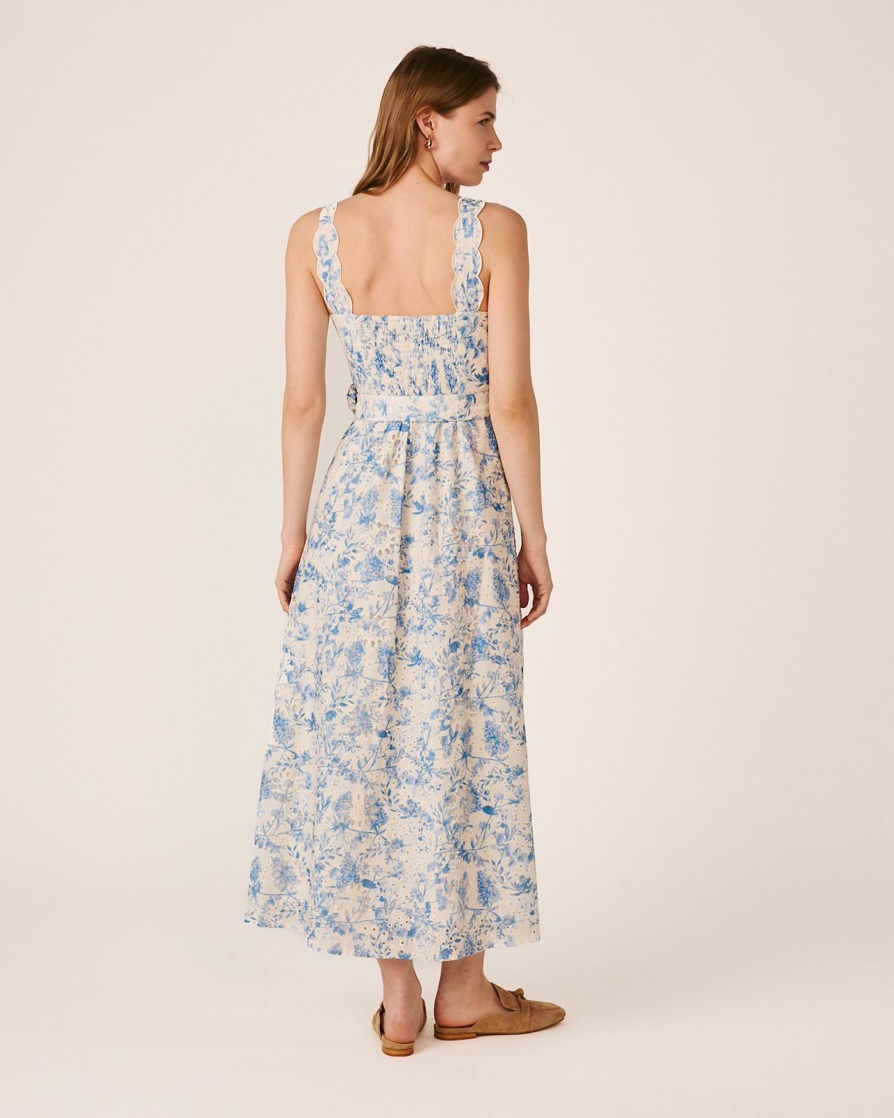 Vestido Comprido com Estampado Floral e Cinto e Bordado Inglês Azul-7