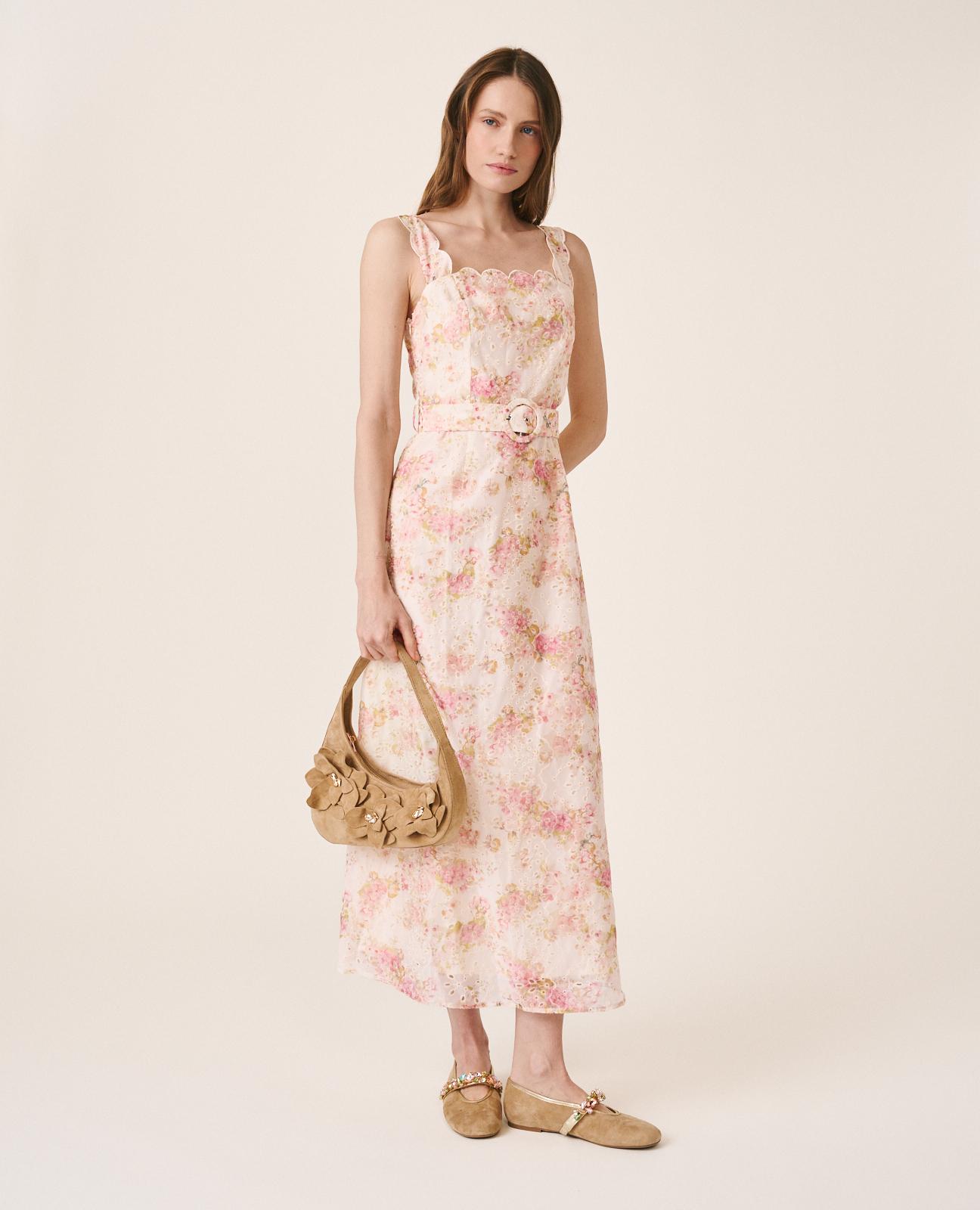 Imagem 0 de Vestido Comprido com Estampado Floral e Bordado Inglês com Fecho Zip Invisível nas Costas