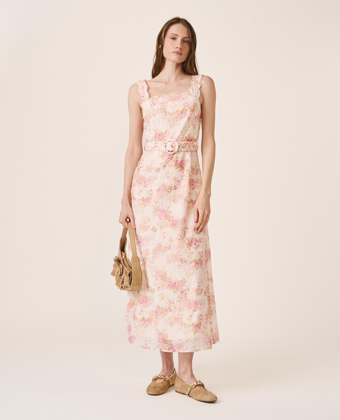 Vestido Comprido com Estampado Floral e Bordado Inglês com Fecho Zip Invisível nas Costas Rosa-3