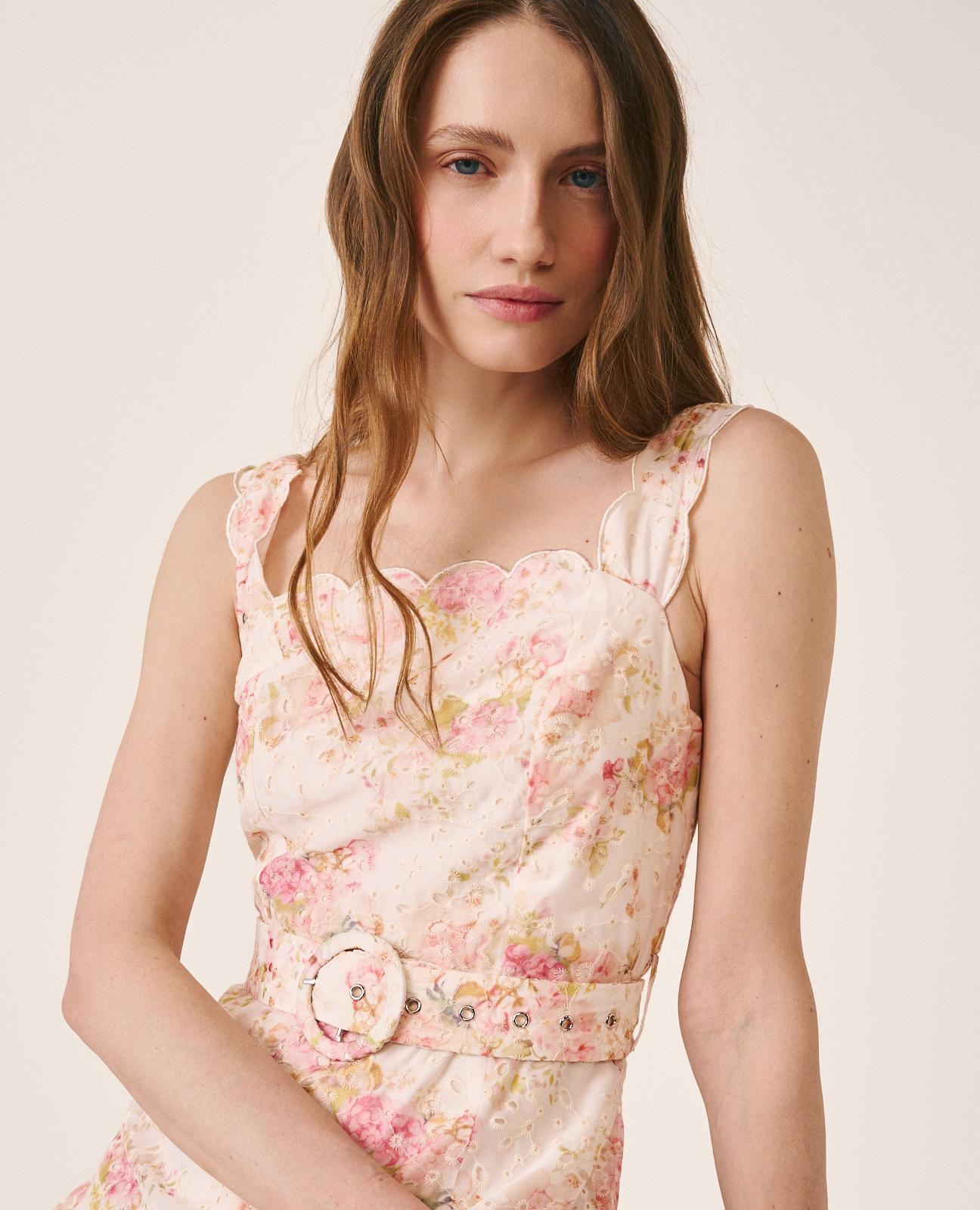 Vestido Comprido com Estampado Floral e Bordado Inglês com Fecho Zip Invisível nas Costas Rosa-4